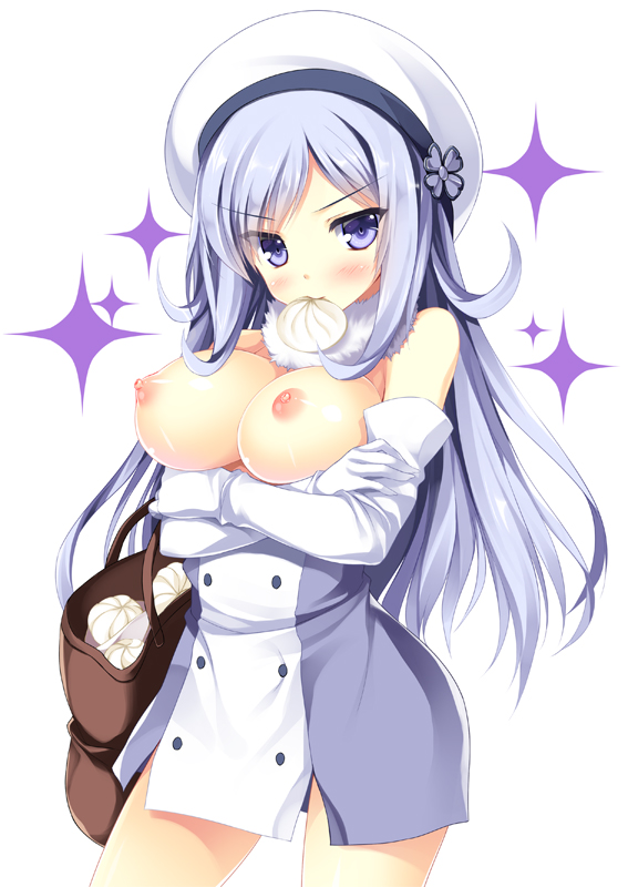 aila_jyrkiainen bag blush breasts breasts_out crossed_arms elbow_gloves female food gloves gundam gundam_build_fighters hat large_breasts long_hair mouth_hold nikuman nipples purple_eyes silver_hair solo sparkle tateha_(artist)