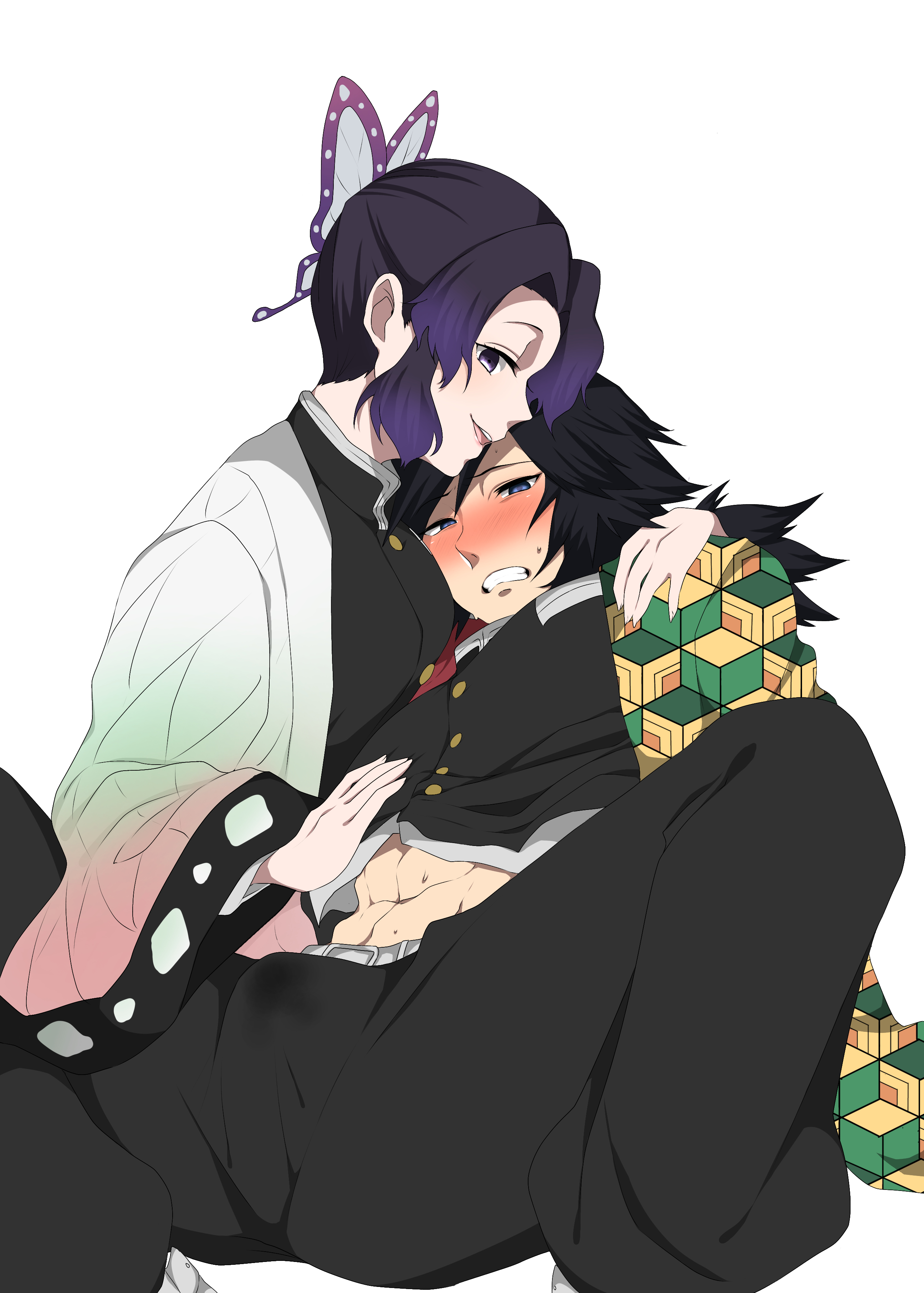 1boy, 1girls, abs, black hair, black-haired male, blush, bulge, butterfly hair ornament, demon slayer, erection, erection under clothes, female, femdom, fully clothed, haori, kimetsu no yaiba, kochou shinobu, male, malesub, paripimama, precum through clothing, purple hair, purple-haired female, shinogiyuu, shirt lift, spread legs, straight, sweatdrop, tenting, tomioka giyuu, two-tone hair