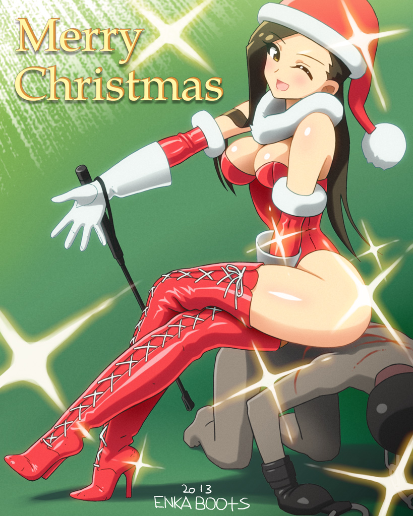 2013, 2d, bondage, boot fetish, boots, breasts, brown eyes, brown hair, christmas, corset, dominatrix, enkaboots, female, femdom, fur trim, gloves, high heel boots, leather, leotard, male, malesub, mask, open mouth, riding crop, santa hat, slave, wink