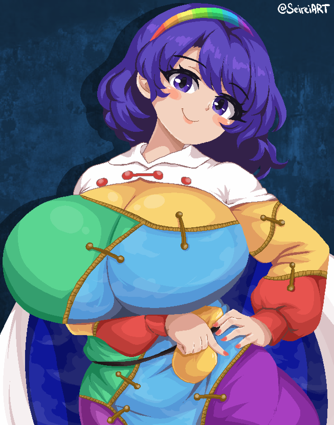 1girls artist_name big_breasts blue_background breasts chimata_tenkyuu clothed_female female goddess headband huge_breasts light-skinned_female namako_daibakuhatsu_(style) pixel_art purple_eyes purple_hair seireiart smile solo solo_female style_imitation takorin_style touhou watermark