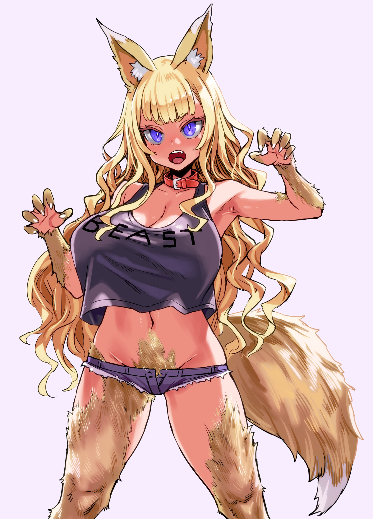 animal ears, asanagi, big breasts, big penis, blonde fur, blonde hair, breasts, choker, collar, curvy, denim shorts, female, female only, fox ears, fox girl, fox tail, fur, huge breasts, long hair, looking at viewer, male, original, penis, purple eyes, sharp nails, sharp teeth, short shorts, simple background, solo, tank top, thick thighs
