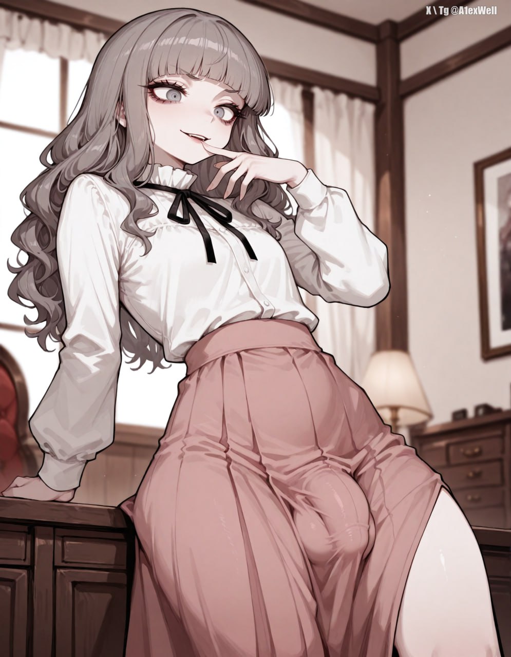 1girls, a1exwell, ai generated, bulge, cute, fear and hunger, fear and hunger: termina, female, femboy, grey hair, long skirt, male, marina (fear and hunger), penis, shirt, skirt, stable diffusion, trans woman, transfem, transgender