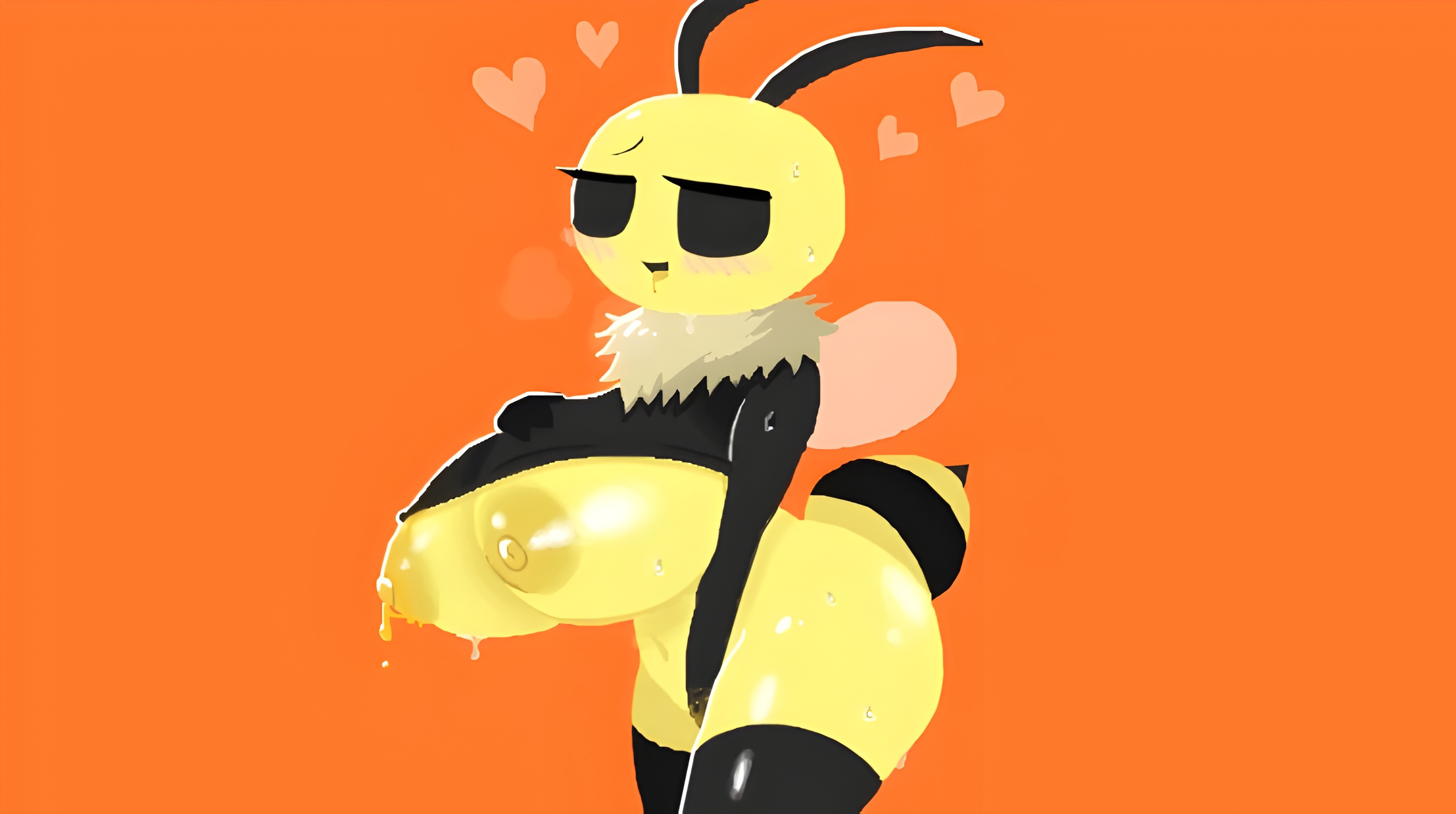 1girls, 2d, 2d (artwork), antenna, bee, bee girl, bee stinger, belly, belly button, big breasts, black eyes, black shirt, black socks, blush, blushing at viewer, breasts, breasts bigger than head, bug fables, eyelashes, female, female only, fur collar, furry, genitals, hand on breast, hand on pussy, heart, hearts around head, hi res, honey, honey drip, honey leaking, honey leaking from nipple, humanoid, humanoid genitalia, insect, insect girl, insect humanoid, insect wings, kneehighs, kneesocks, looking at viewer, moonsprout games, orange background, pangotime, pussy, saliva, saliva drip, saliva on tongue, shirt up, smoke, smoke from mouth, socks, solo, solo female, sweat, sweating, thick thighs, thin arms, vi (bug fables), video game character, video games, yellow body