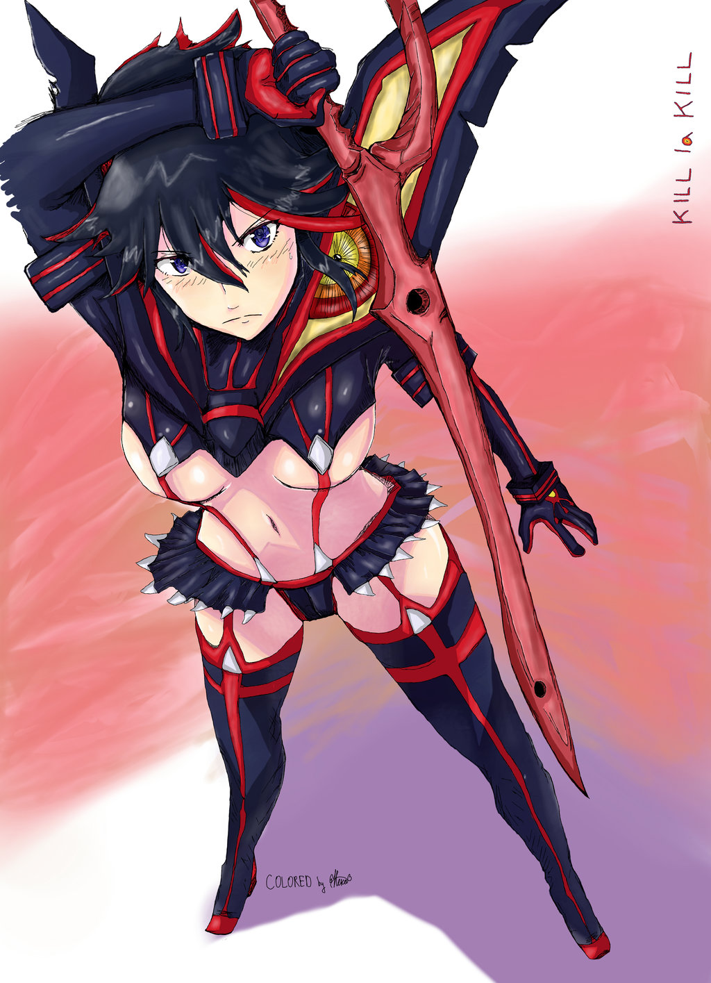 1girls black_hair blue_eyes blush breasts closed_mouth female gloves holding_weapon kill_la_kill lingerie living_clothes looking_at_viewer matoi_ryuuko multicolored_hair navel neka-chi no_bra panties red_hair scissor_blade senketsu short_hair skirt solo suspenders sword two_tone_hair underboob underwear weapon