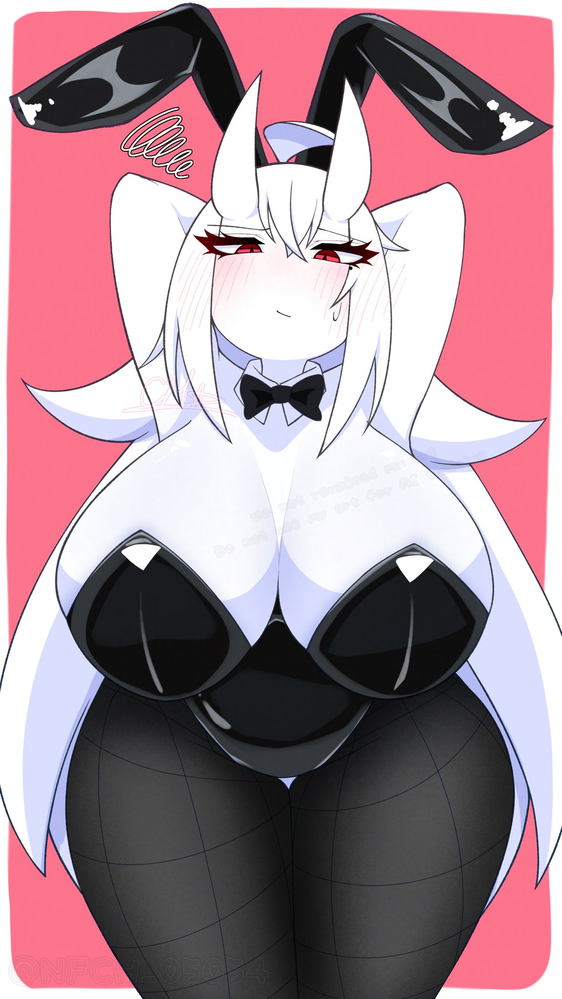 bunny ears, bunnysuit, haku (nfch 05054), long hair, nfch 05054, oc, red background, red eyes, tagme, very long hair, white body, white hair