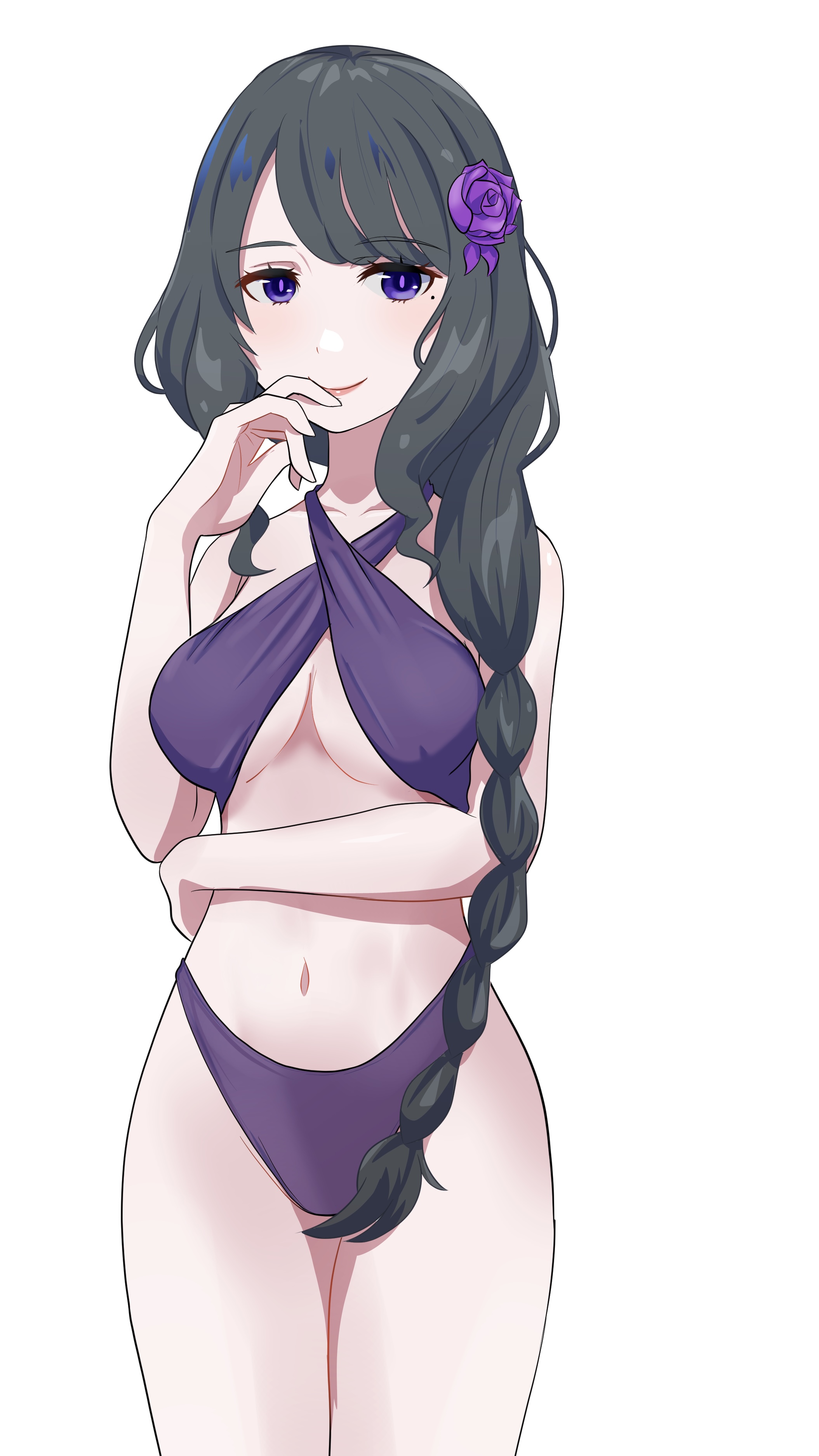 1girls, absurd res, absurdres, adult, adult female, almost naked, almost nude, bare arms, bare belly, bare chest, bare hands, bare hips, bare legs, bare midriff, bare navel, bare shoulders, bare skin, bare thighs, belly, belly button, bikini, bikini bottom, bikini only, bikini top, black hair, black-haired female, braid, braided hair, braided ponytail, breasts, busty, busty female, camui1104, cleavage, closed mouth smile, collarbone, curvaceous, curvaceous body, curvaceous female, curvaceous figure, curvaceous hips, curvy, curvy body, curvy female, curvy figure, curvy hips, dot nose, elbows, elsa granhilte, exposed arms, exposed belly, exposed chest, exposed hips, exposed legs, exposed midriff, exposed navel, exposed shoulders, exposed skin, exposed thighs, eyebrows visible through hair, female, female focus, female only, fingers, flower, flower hair ornament, flower on head, hair ornament, high resolution, highres, hourglass figure, large breasts, lean figure, legs, legs closed, legs together, light skin, light-skined female, light-skinned female, lips, long hair, looking at viewer, mature female, midriff, mole, mole under eye, mostly nude, na-suke, naked, naked female, narrow waist, navel, nearly nude, nude, nude female, nudity, pale skin, pale-skinned female, parted bangs, ponytail, practically nude, purple bikini, purple bikini bottom, purple bikini only, purple bikini top, purple eyes, purple swimsuit, purple swimwear, purple-eyed female, re:zero kara hajimeru isekai seikatsu, shoulders, side ponytail, simple background, slender body, slender waist, slim female, slim waist, smile, smiley face, smiling, smiling at viewer, smirk, smooth skin, solo, standing, swimsuit, swimwear, thick thighs, thighs, thin waist, underboob, upper body, white background, white skin, white skinned female, white-skinned female, wide hips