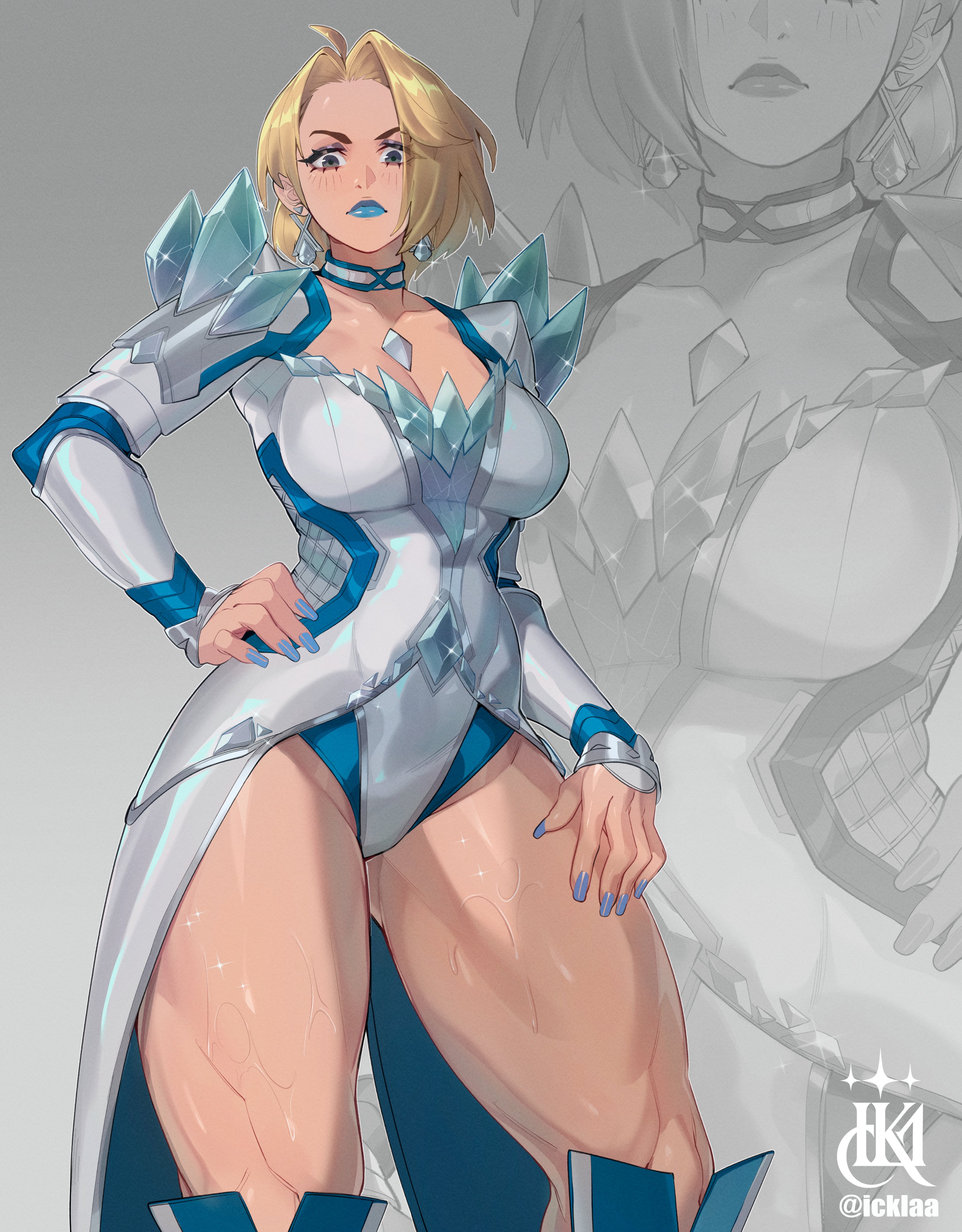 1girls, blonde female, blonde hair, blue lipstick, blue nails, bob cut, boots, breasts, emma frost, emma frost (marvel rivals), female, female focus, female only, hi res, high heel boots, high heels, huge thighs, icklaa, large breasts, light skin, light-skinned female, looking at viewer, marvel, marvel comics, marvel rivals, muscular, muscular legs, muscular thighs, solo, thick thighs, thighs, wide hips