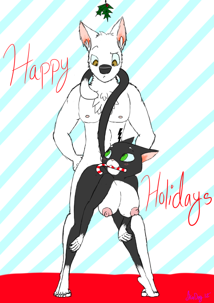 anthro anthrofied bent_over bolt_(character) bolt_(film) breasts candy_cane canine christmas disney feline female green_eyes hair_tuft holidays interspecies male mistletoe mittens_(bolt) nipples nude penetration raised_tail skadog straight straight_sex