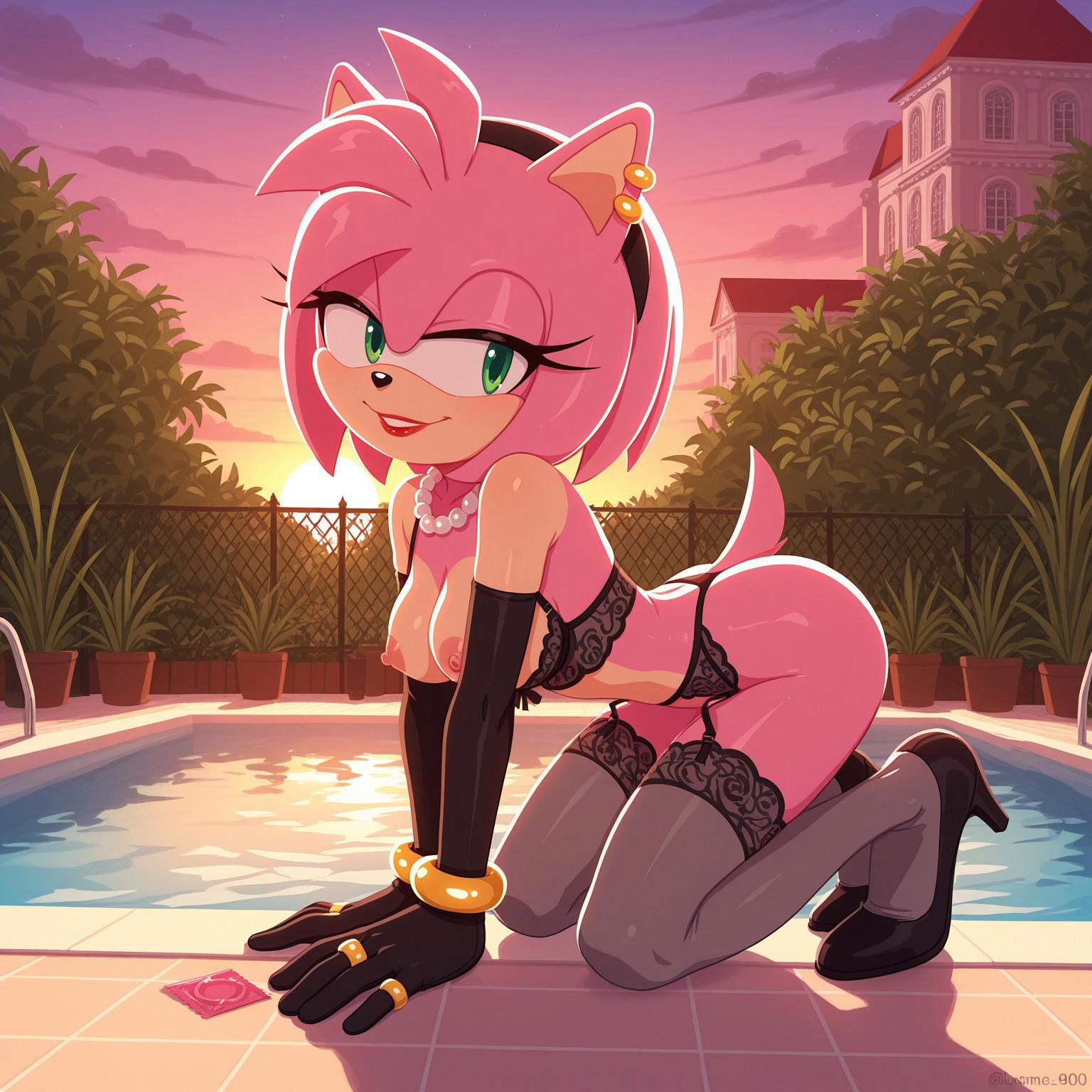 1girls ai_generated amy_rose anthro breasts condom female girl green_eyes hedgehog heels lenceria lingerie lipstick mobian_(species) pearl_necklace pink_fur pink_hair pool poolside rodent sexy smile sonic_(series) sonic_the_hedgehog_(archie) sonic_the_hedgehog_(comics) sonic_the_hedgehog_(idw) sonic_the_hedgehog_(series) sunset