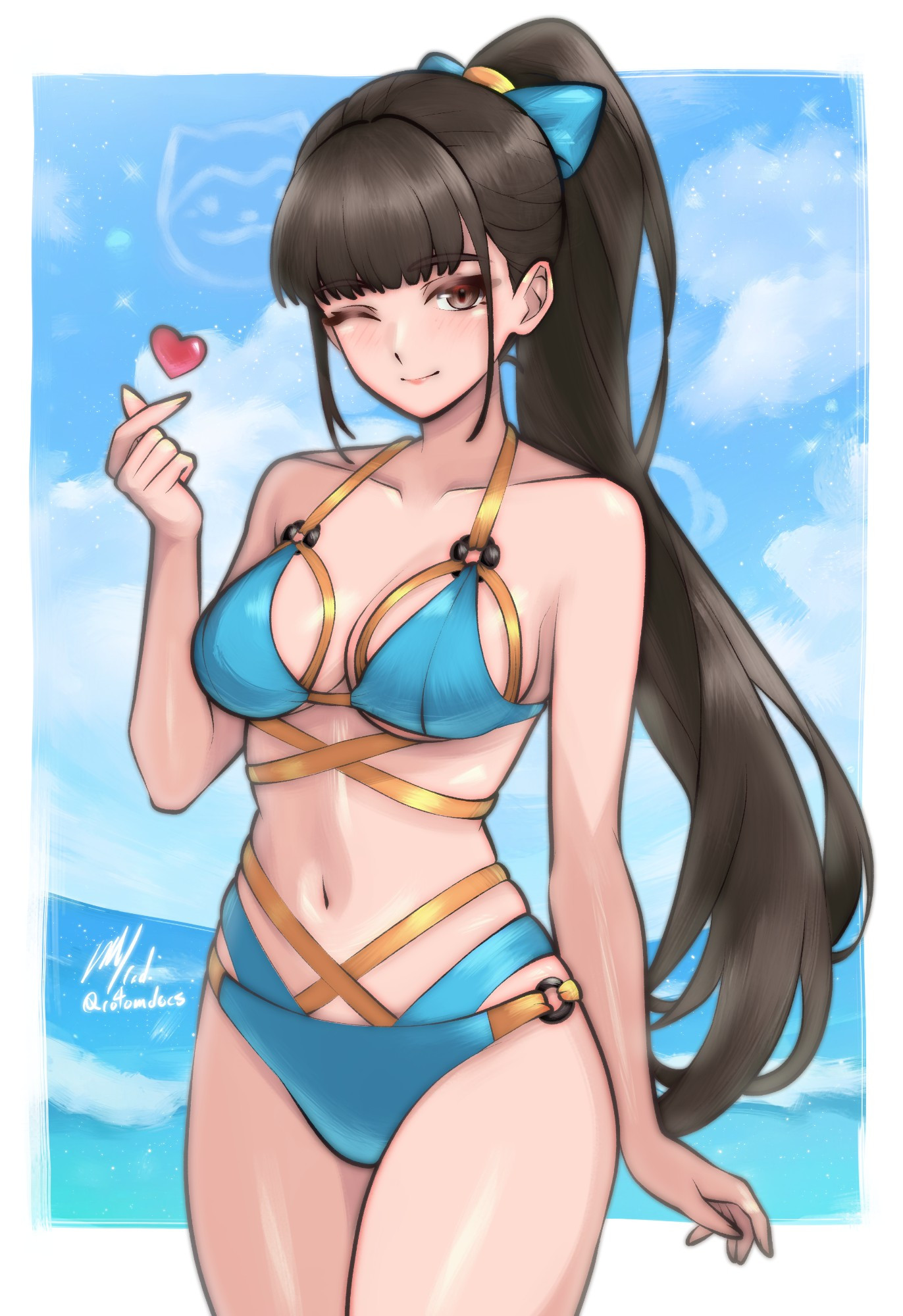 1girls, almost naked, almost nude, bare arms, bare belly, bare chest, bare hands, bare hips, bare legs, bare midriff, bare navel, bare shoulders, bare skin, bare thighs, belly, belly button, bikini, bikini bottom, bikini only, bikini top, black hair, black-haired female, blue background, blue bikini, blue bikini bottom, blue bikini only, blue bikini top, blue sky, blue string bikini, blue swimsuit, blue swimwear, blunt bangs, blush, blush face, blush lines, blushed face, blushing at viewer, blushing face, blushing female, breasts, brown eyes, brown-eyed female, cleavage, closed mouth smile, clouds, collarbone, curvaceous, curvaceous body, curvaceous female, curvaceous figure, curvaceous hips, curvaceous thighs, curvy, curvy body, curvy female, curvy figure, curvy hips, curvy thighs, day, daylight, daytime, dot nose, elbows, eve (stellar blade), exposed arms, exposed belly, exposed chest, exposed hips, exposed legs, exposed midriff, exposed navel, exposed shoulders, exposed skin, exposed thighs, eyebrows visible through hair, female, female focus, female only, fingernails, fingers, groin, happy, heart, high resolution, highres, horizon, hourglass figure, lean figure, legs, light skin, light-skined female, light-skinned female, lips, long hair, looking at viewer, medium breasts, midriff, mostly nude, naked, naked female, narrow waist, navel, nearly nude, nude, nude female, nudity, ocean, one one eye open, outdoor, outdoor nudity, outdoors, outside, ponytail, practically nude, rotomdocs, sea, seaside, shiny breasts, shiny hair, shiny legs, shiny skin, shiny thighs, shoulders, sidelocks, sky, slender body, slender waist, slim female, slim waist, smile, smiley face, smiling, smiling at viewer, smirk, smooth skin, solo, standing, stellar blade, string bikini, swimsuit, swimwear, thick thighs, thighs, thin waist, upper body, wide hips, wink, winking, winking at viewer