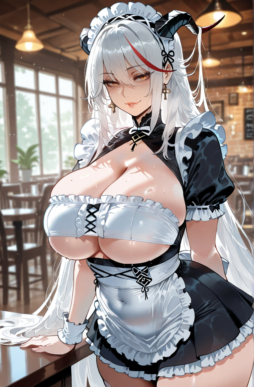 1girls, aegir (azur lane), ai generated, ass, azur lane, big ass, big breasts, breasts, cleavage, clothed, female, horns, maid, maid uniform, miyuai, seductive, seductive look, seductive smile, smile, solo, solo female, standing, two-tone hair