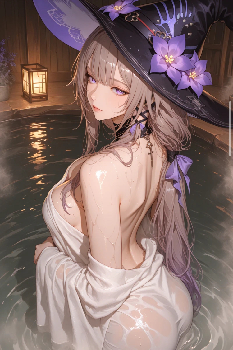 1girls, ai generated, ass, ass focus, back view, baddies, bent over, big breasts, breasts, brown hair, female, female focus, female only, hat, hot spring, huge ass, huge breasts, looking at viewer, looking back, no bra, no panties, pool, purple eyes, purple hair, sweat, sweating, the herta (honkai: star rail), towel, towel only, waiting for sex
