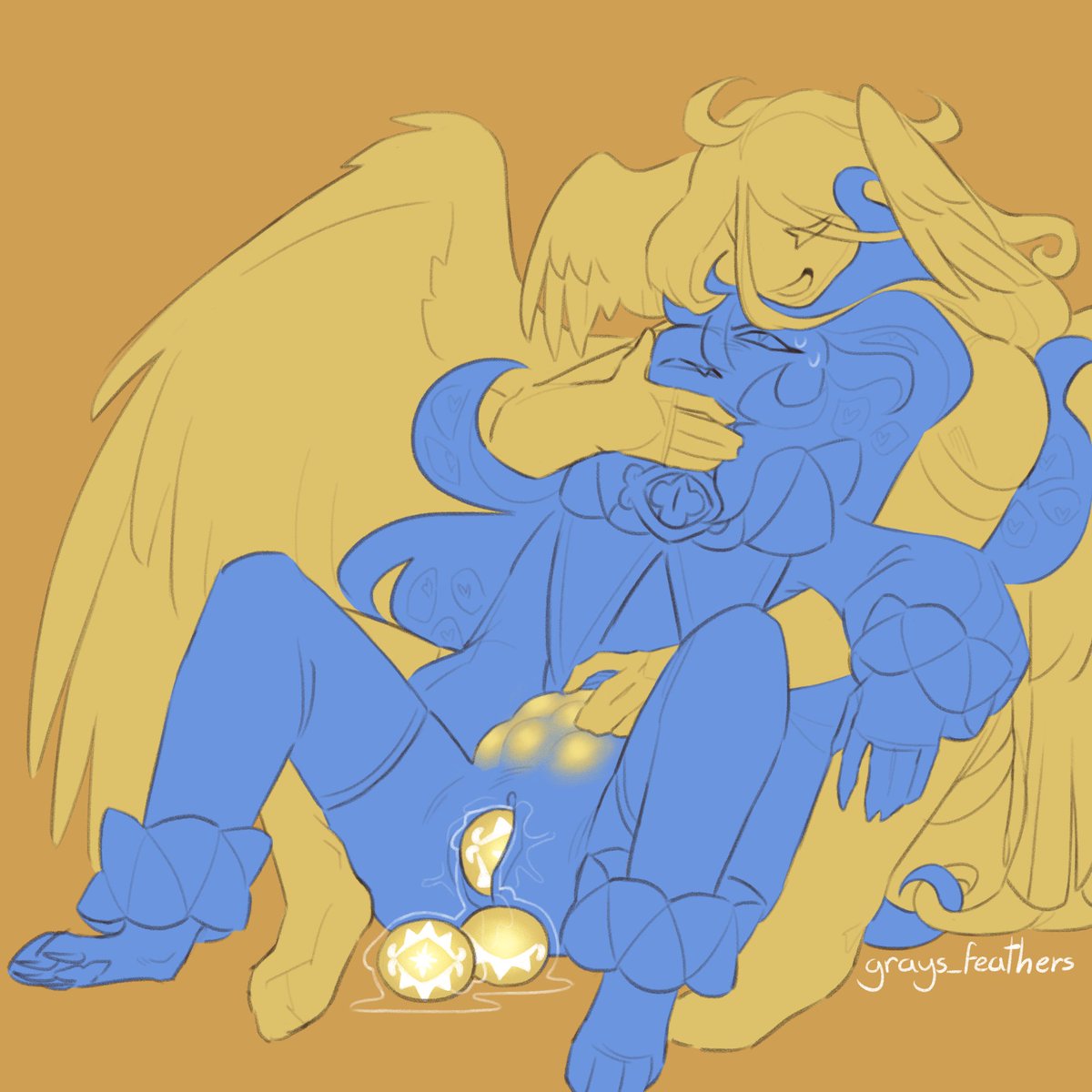 anthro, artist name, artist signature, clitoris, cookie run, cookie run kingdom, cuntboy, duo, egg, egg laying, erect clitoris, intersex, laying eggs, pawpads, paws, pregnant, pure vanilla cookie, pussy, shadow milk cookie, winged humanoid, wings