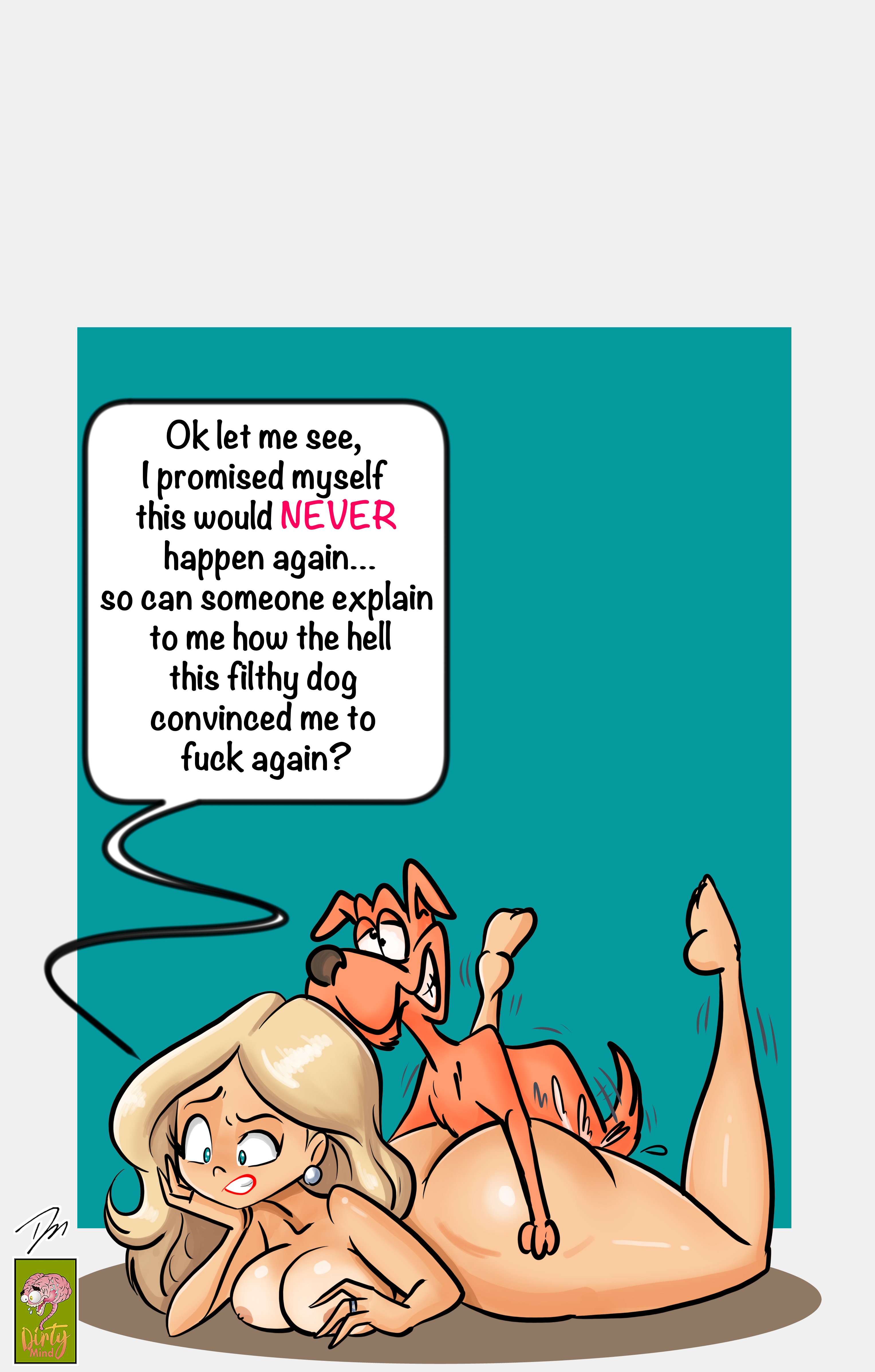 1boy, 1girls, ass, big ass, big breasts, blonde hair, blue eyes, breasts, canid, canine, cheating, cheating wife, completely nude, cucked by beast, cum, cum in pussy, cum inside, dialogue, dirtymind, domestic dog, ear piercing, earrings, ejaculation while penetrated, english text, female, feral, huge ass, huge breasts, long hair, male, male/female, netorare, nipples, nude, nude female, original, penetration, piercing, prone bone, pussy, sex, sex from behind, speech bubble, text, vaginal insertion, vaginal penetration, vaginal sex, wife, zoophilia