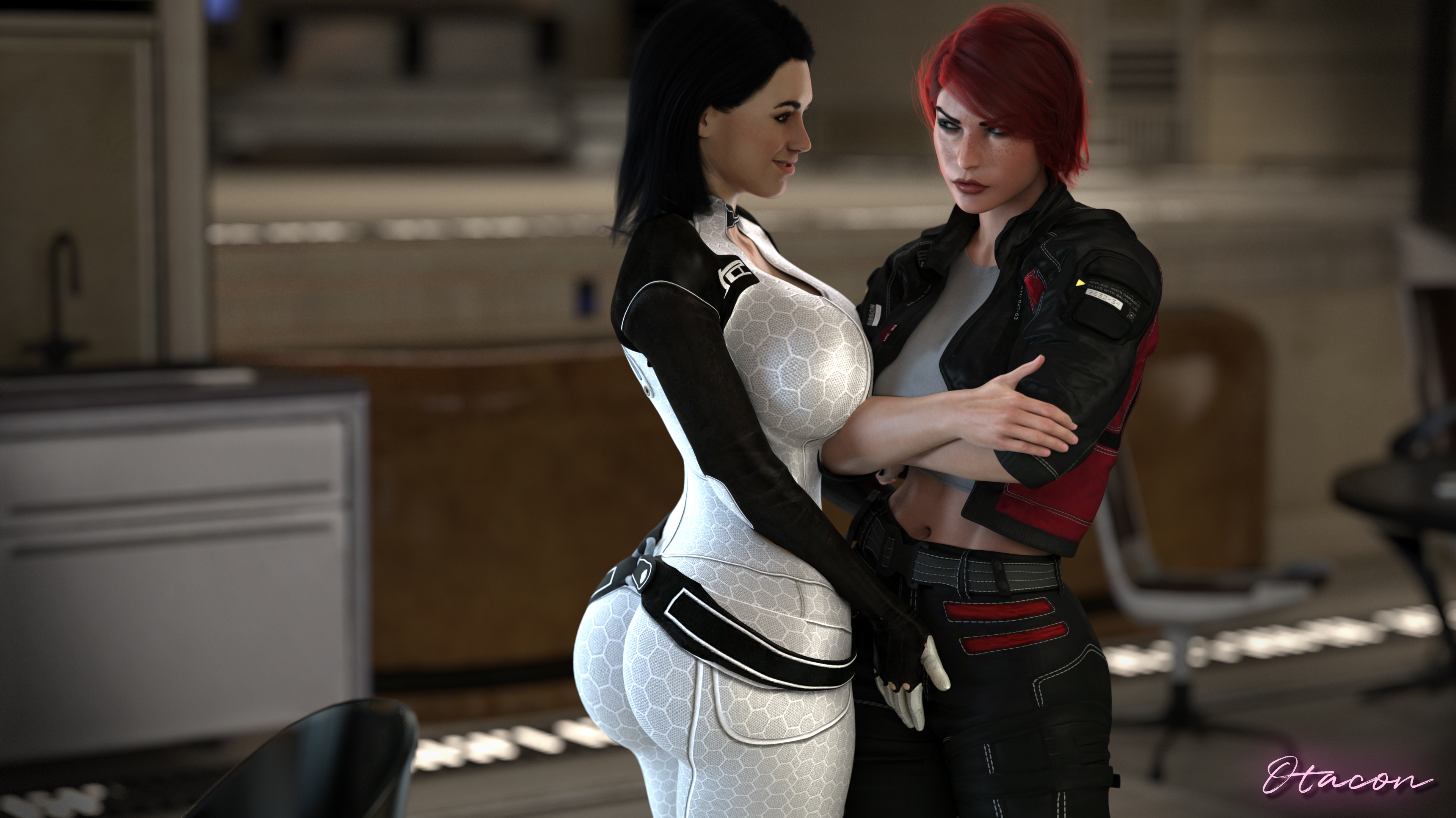 1futa, 1girls, 3d, ass, big ass, bioware, black hair, bodysuit, bulge, bulge through clothing, commander shepard, female, femshep, futa with female, futanari, futashep, hand on bulge, mass effect, miranda lawson, otacon212, skin tight, subtle bulge, touching bulge