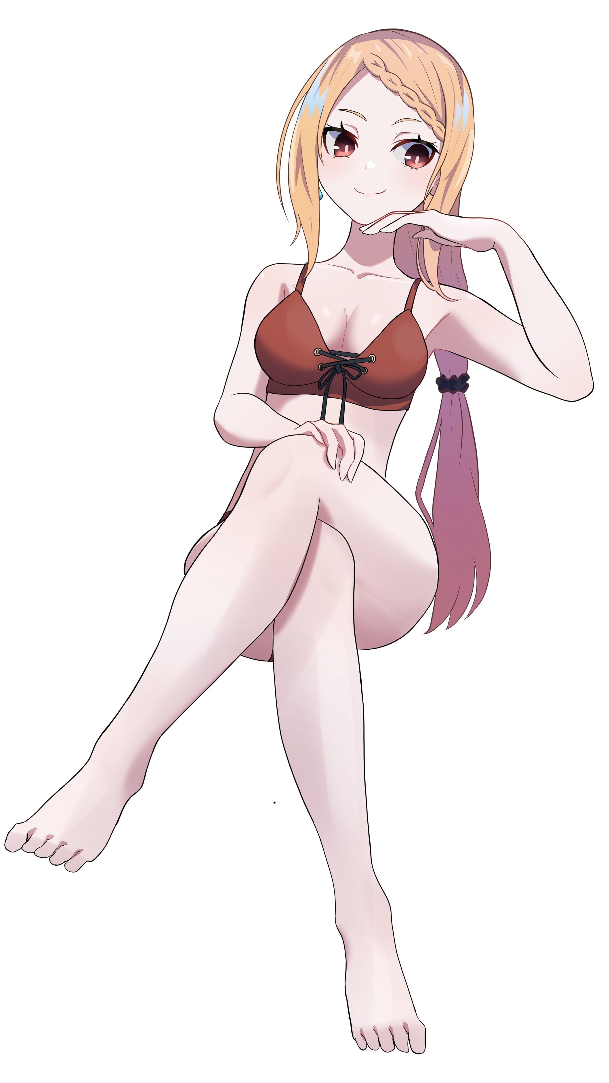 1girls, absurd res, absurdres, almost naked, almost nude, armpit crease, armpit peek, armpits, bare armpits, bare belly, bare calves, bare chest, bare hands, bare hips, bare knees, bare legs, bare midriff, bare shoulders, bare soles, bare thighs, barefoot, belly, belly button, bikini, bikini only, bikini top, blonde eyebrows, blonde female, blonde hair, blonde-haired female, braid, braided bangs, braided hair, breasts, calves, camui1104, cleavage, collarbone, crossed legs, crossed legs (sitting), crossing legs, dot nose, elbows, exposed armpits, exposed arms, exposed belly, exposed chest, exposed hips, exposed legs, exposed midriff, exposed shoulders, exposed skin, exposed thighs, exposed toes, feet, female, female focus, female only, fingers, full body, hairless armpits, head tilt, high resolution, highres, knees, lean figure, legs, legs crossed, light skin, light-skined female, light-skinned female, long hair, looking at viewer, looking down, looking down at viewer, medium breasts, midriff, mostly nude, na-suke, naked, naked female, narrow waist, navel, nearly nude, nude, nude female, nudity, parted bangs, petite, petite body, petite breasts, petite female, petite tits, practically nude, priscilla barielle, re:zero kara hajimeru isekai seikatsu, red bikini, red bikini only, red bikini top, red eyes, red string bikini, red swimsuit, red swimwear, red-eyed female, shaved armpits, shoulders, simple background, sitting, slender body, slender waist, slim female, slim waist, smile, smiley face, smiling at viewer, smooth armpits, smooth skin, solo, string bikini, swimsuit, swimwear, thick thighs, thighs, thin waist, tilted head, toes, white background
