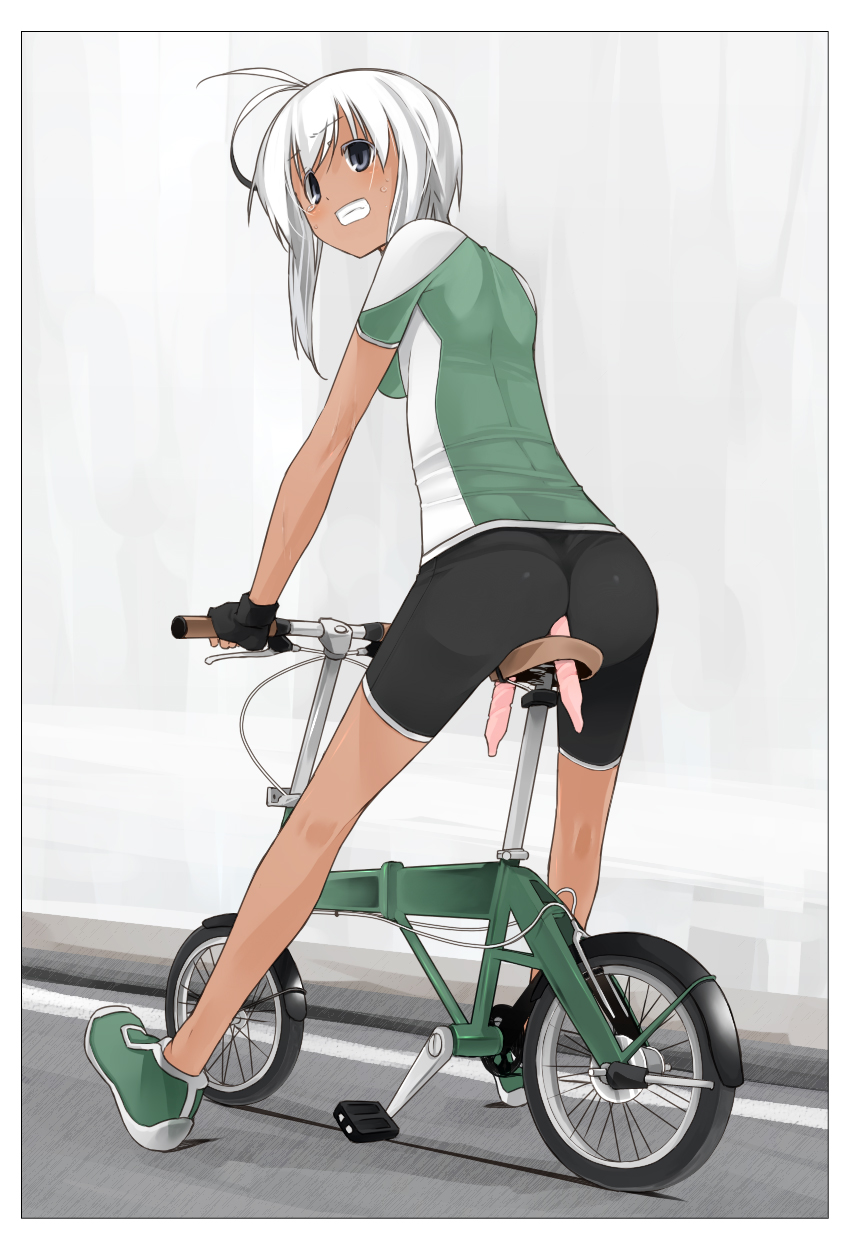 1girls ass bicycle bike_shorts clenched_teeth dark_skin green_eyes highres ice ice_pop icicle insertion looking_back original pointy_chin solo straight_hair sweatdrop tears through_clothes white_hair