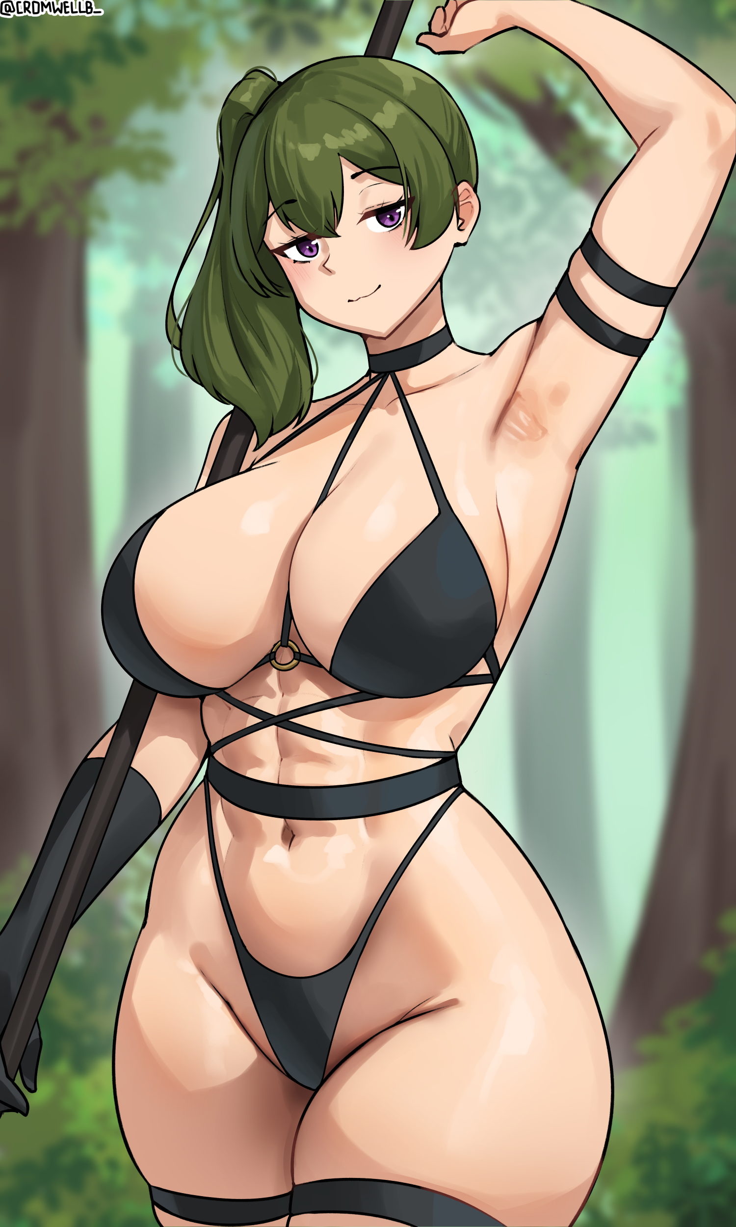 1girls, abs, bikini, breasts, commission, cromwellb, female, green hair, high resolution, huge breasts, large breasts, light skin, light-skinned female, long hair, midriff, navel, sousou no frieren, thick thighs, ubel (sousou no frieren), weapon, wide hips