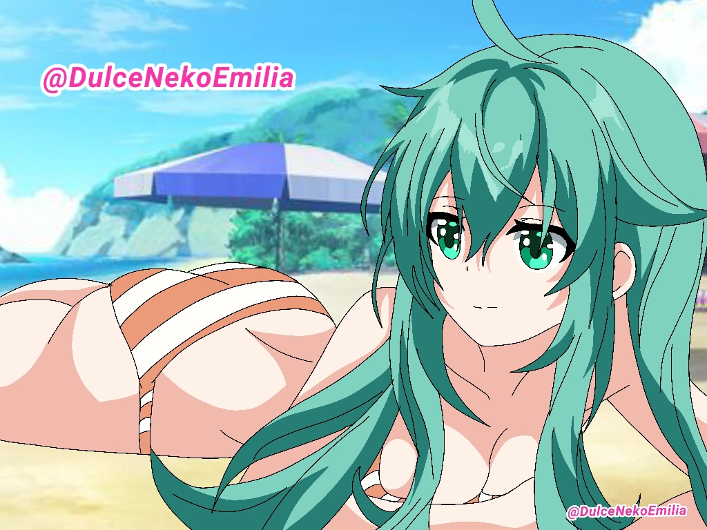 1girls artist_name ass beach bikini date_a_live dulcenekoemilia female female_only green_eyes green_hair kyouno_natsumi light-skinned_female small_breasts thighs