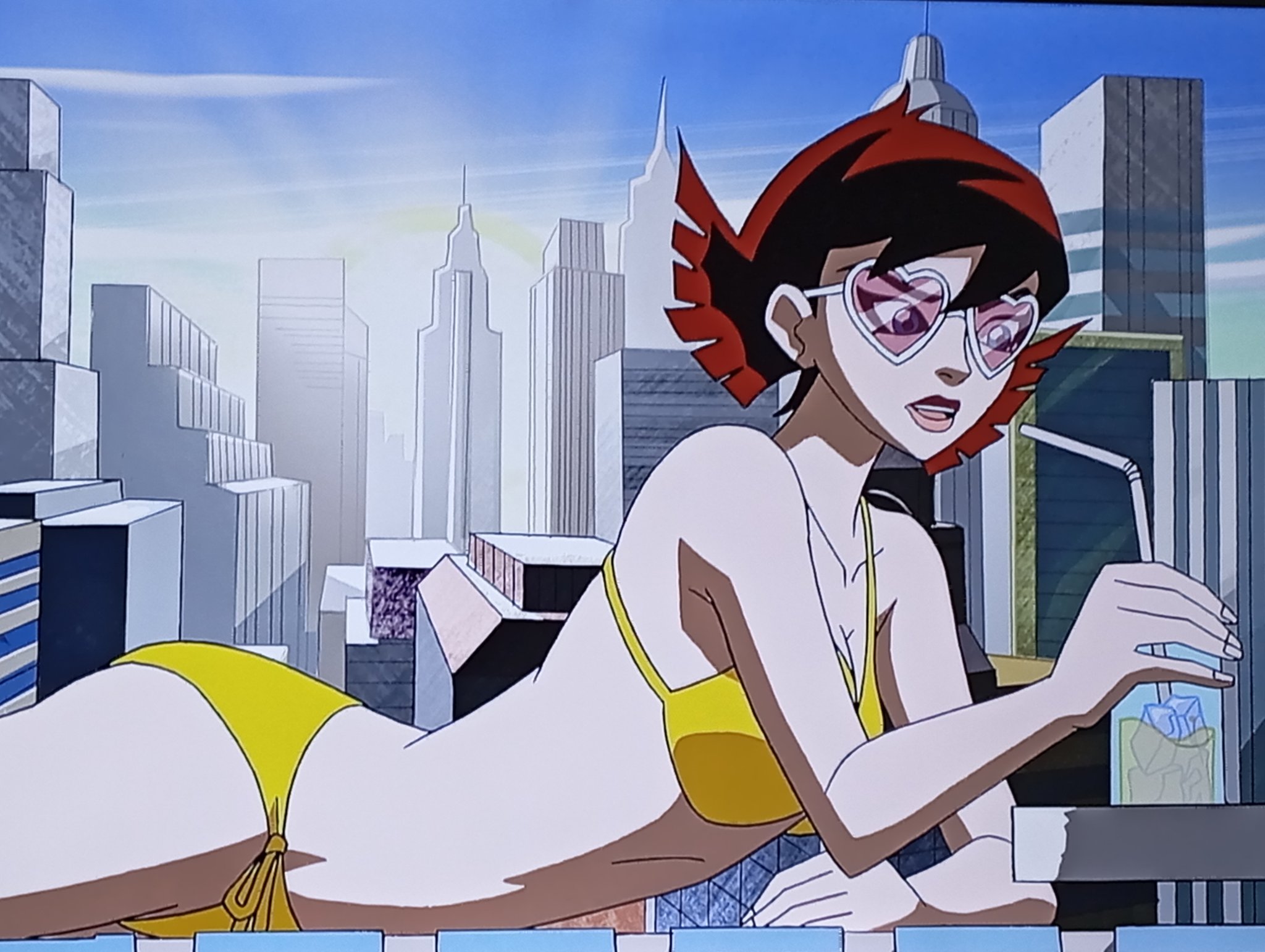 1girls, 2d, arm support, avengers, big breasts, bikini, canonical scene, clothed, clothed female, drink, female, female only, from side, hi res, janet van dyne, lying, lying on stomach, marvel, marvel comics, non-nude, on model, on stomach, open mouth, pink-tinted eyewear, screencap, short hair, sideboob, solo, sunglasses, the avengers: earth's mightiest heroes, the pose, thighs, tinted eyewear, yellow bikini