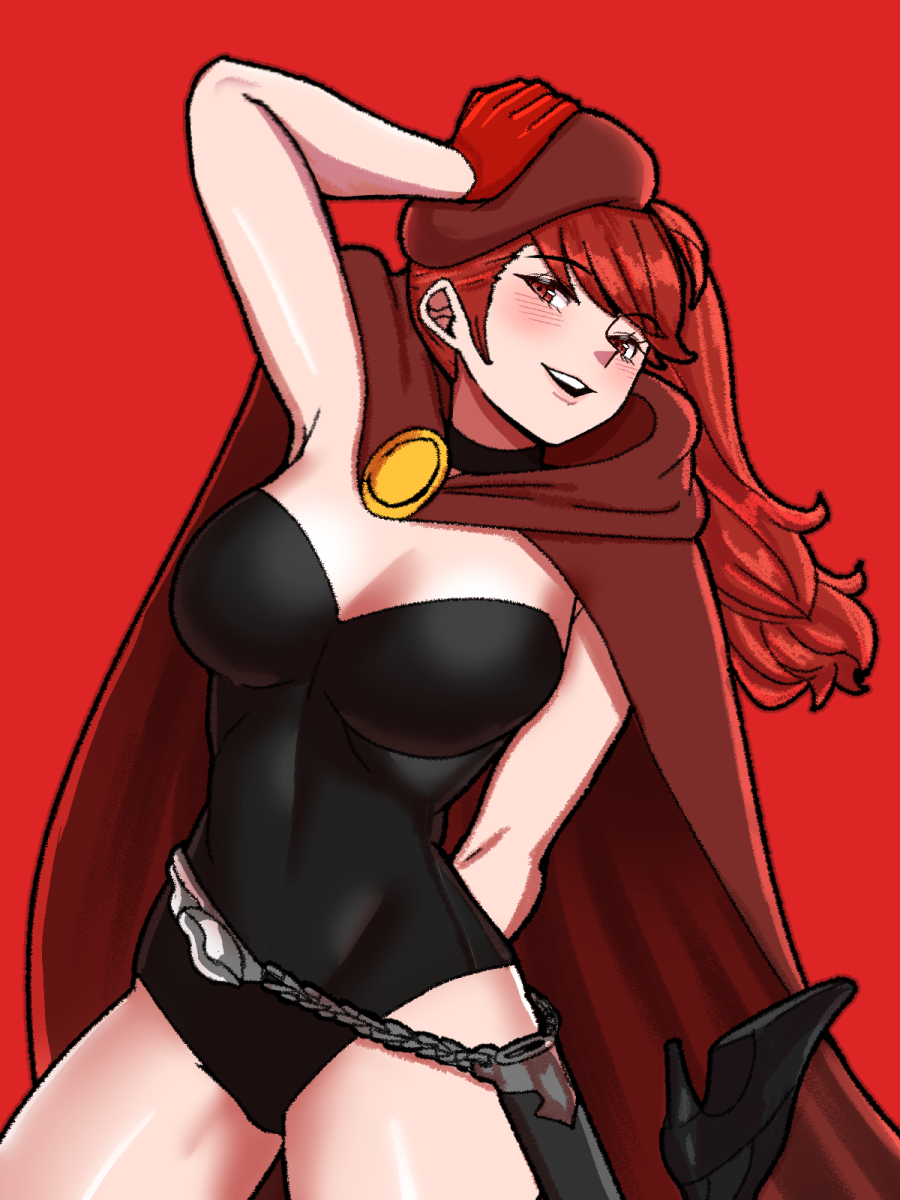 1girls alternate_costume anna_(fire_emblem) anna_(fire_emblem)_(cosplay) anna_(fire_emblem_warriors) beret black_choker black_leotard blush breasts cape choker clothing cosplay crossover female female_only fire_emblem fire_emblem_warriors gloves hat high_heels highres human kasumi_yoshizawa large_breasts leotard long_hair medium_breasts mnejing mnejing30 nintendo open_mouth outerwear pale_skin persona persona_5 phantom_thief_suit red_background red_cape red_eyes red_gloves red_hair red_hat sheath smile solo sumire_yoshizawa teeth upper_teeth_only