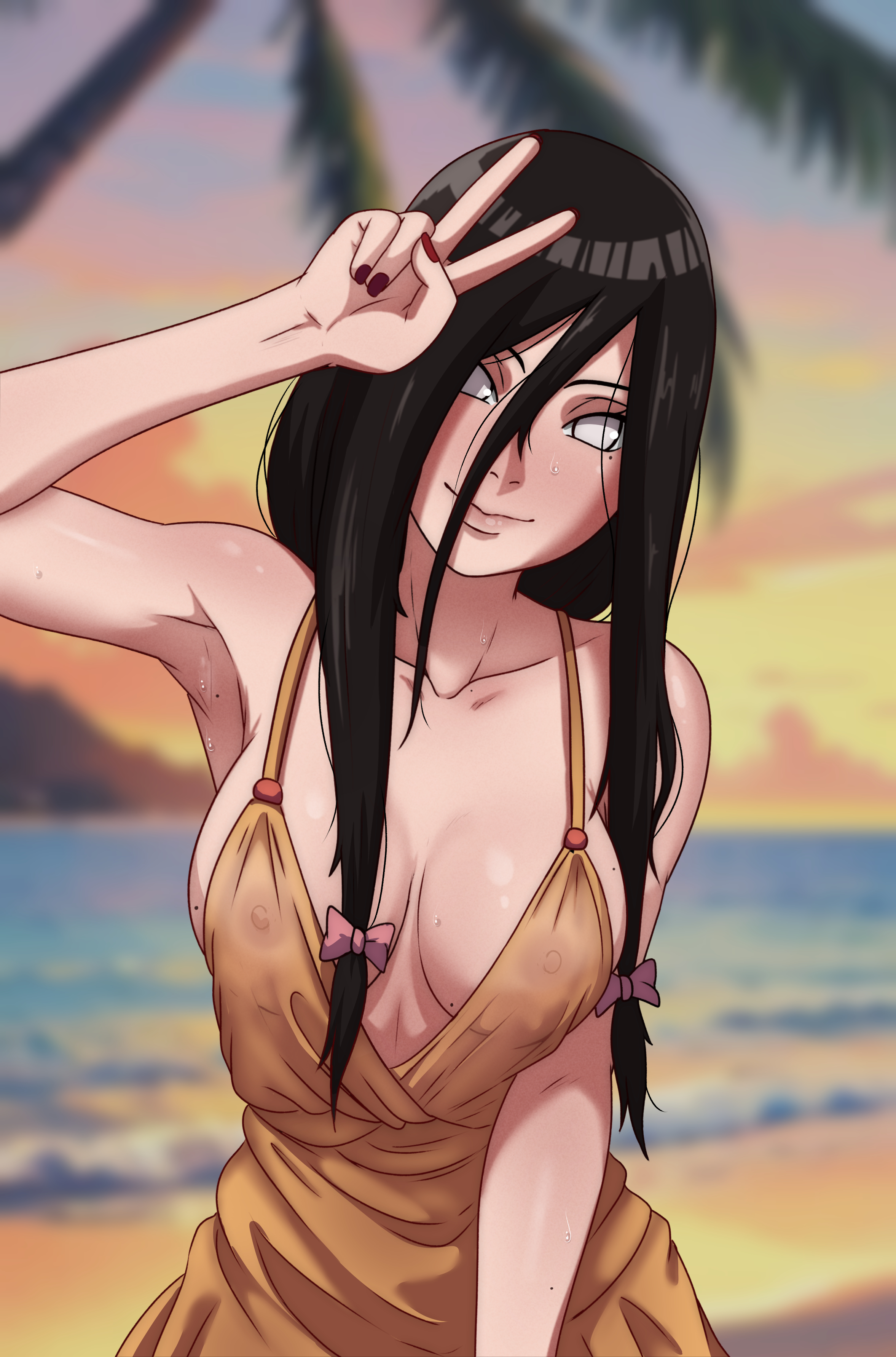 1girls, 2d, 2d (artwork), amateur artist, armpits, big breasts, breasts, clothed, clothed female, clothing, female, female only, hyuuga hanabi, large breasts, long hair, messy hair, naruto, naruto (series), naruto: the last, noxdsa, on beach, painted nails, peace sign, shounen jump, sweat, sweatdrop, sweating, sweaty armpits, teenage female, teenager, unusual anatomy, unusual eyes, unusual pupils, very long hair, visible nipples, young
