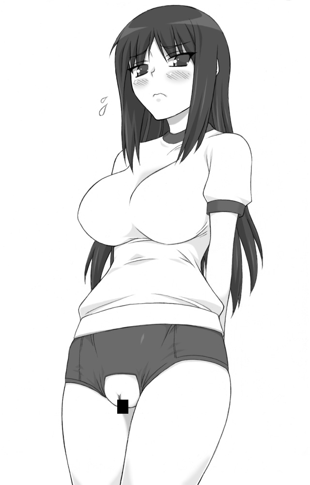 blush breasts buruma censored clothing crocthless_clothes crotchless gym_uniform impossible_clothes impossible_clothing impossible_shirt kurusugawa_ayaka large_breasts long_hair monochrome pussy shichimenchou shirt simple_background to_heart to_heart_(series)