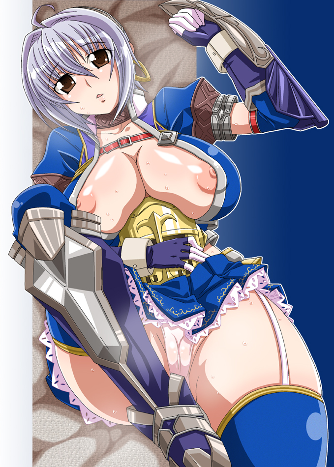 asuru azul_(armor) breasts brown_eyes cameltoe capcom fingerless_gloves gloves large_breasts monster_hunter monster_hunter_frontier nipple_slip nipples no_bra nori_(akusei_shinseibutsu) nori_(artist) panties pointy_chin sweat thighhighs underwear white_hair white_panties