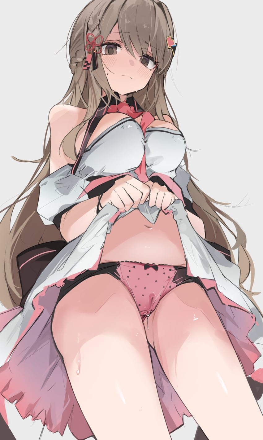 blush braid breasts brown_eyes brown_hair cameltoe cleavage closed_mouth clothes_lift commission dress dress_lift female grey_background hair_ornament highres indie_virtual_youtuber kusunoki_shio large_breasts lifted_by_self looking_at_viewer mikozin navel panties pink_panties polka_dot polka_dot_panties pussy_juice pussy_juice_drip_through_clothes simple_background skeb_commission solo standing sweat sweatdrop underwear virtual_youtuber white_dress