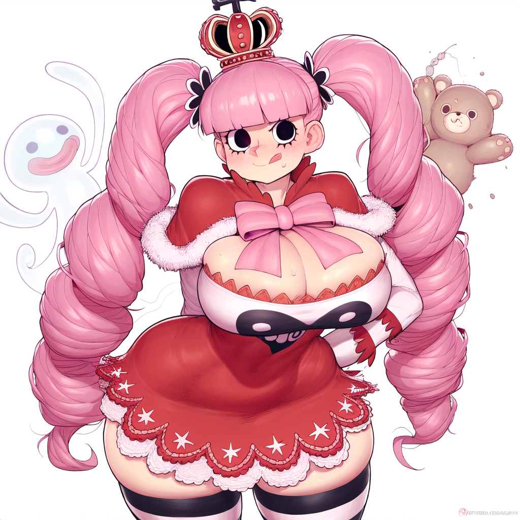 1girls, ai generated, big breasts, black eyes, blush, breasts, breasts bigger than head, ccgai, clothed, clothing, color, female, female focus, female only, hi res, large breasts, light skin, light-skinned female, long hair, looking at viewer, massive breasts, one piece, perona, pink hair, shounen jump, solo, solo female, tagme, thick thighs