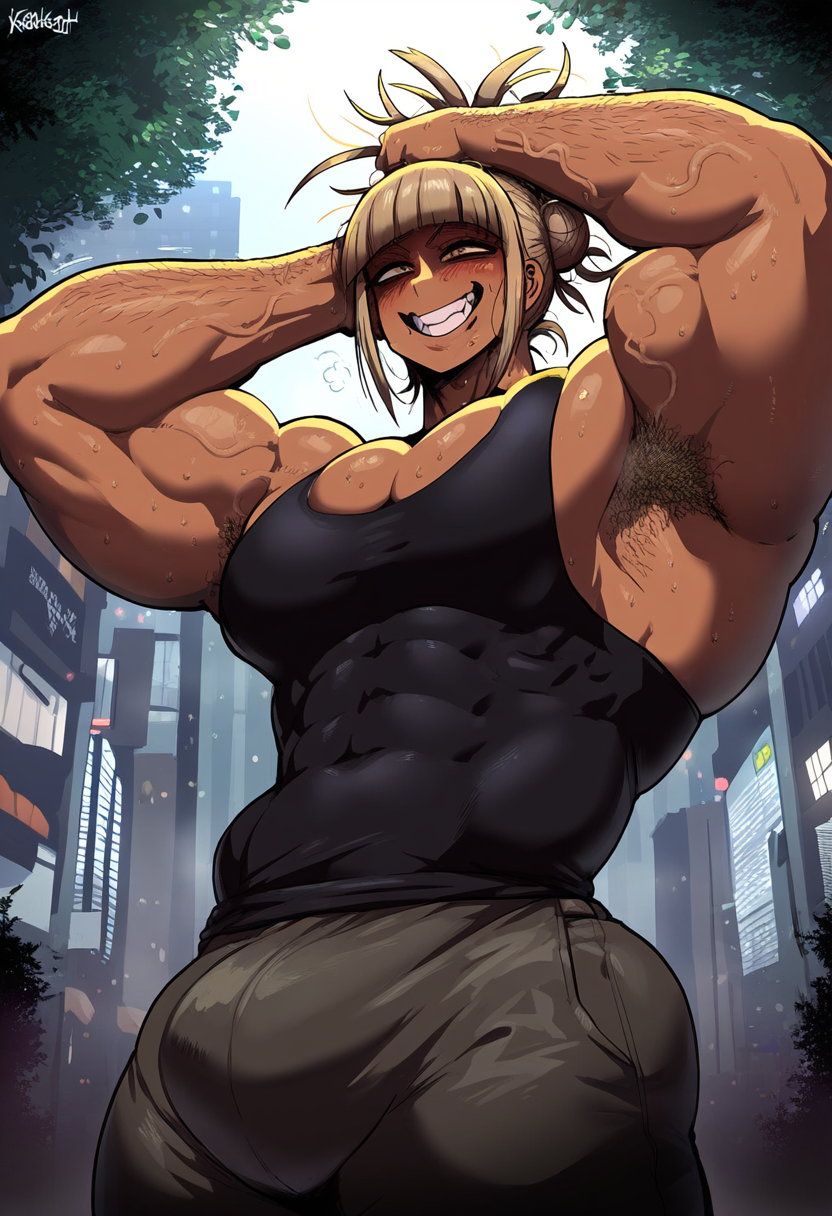 1boy abs ai_generated ambiguous_gender ambush ambush_(trap) armpit armpit_fetish armpit_hair armpits arms_up biceps big_bulge blonde_hair boku_no_hero_academia bulge bulge_through_clothing city fangs genderswap genderswap_(ftm) gloopai grin hand_on_head himiko_toga huge_bulge male male_focus male_only muscular muscular_arms muscular_male my_hero_academia nai_diffusion oerba_yun_fang pants penis penis_bulge penis_under_clothes rule_63 shirt smile smirk smug solo solo_focus solo_male tank_top toga_himiko tree trees vein veins veiny veiny_arms veiny_muscles yellow_eyes