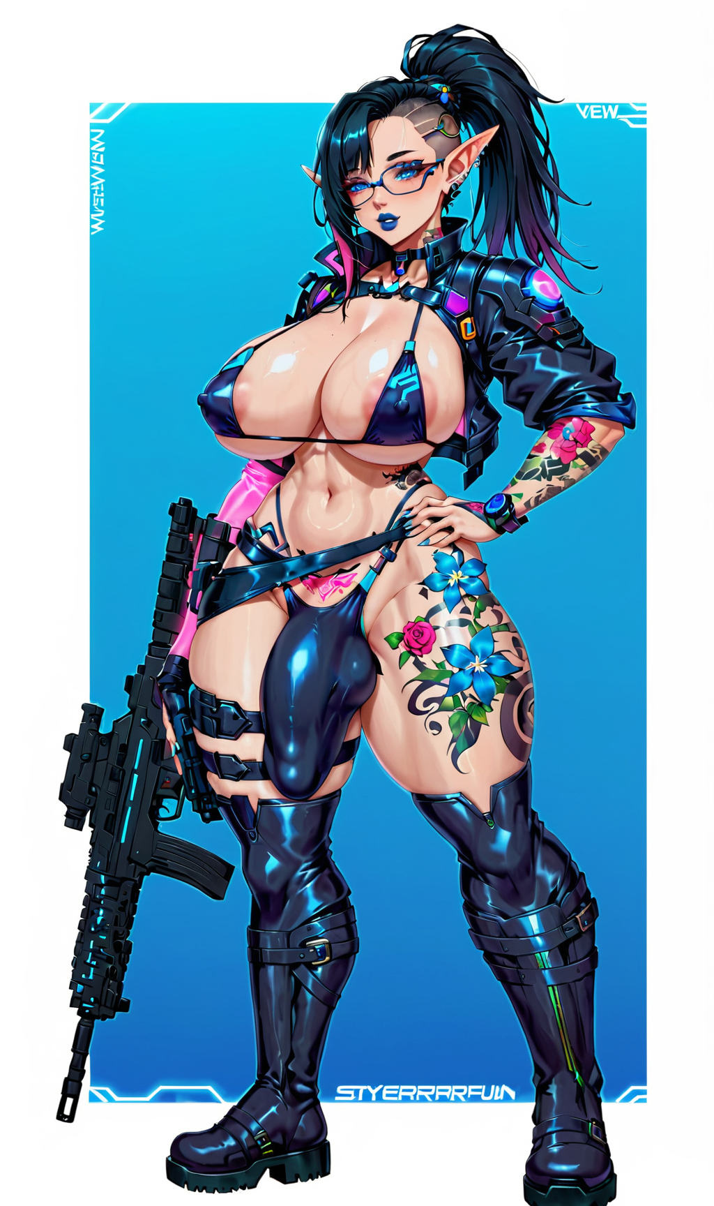 1futa ai_generated assault_rifle big_ass big_balls big_breasts big_butt big_cock big_penis big_testicles big_thighs black_hair blue_eyes blue_fingernails blue_lipstick bulge bulge_through_clothing bulging_breasts cyberpunk elf elf_ears elf_futanari flower_tattoo futa_only futanari glasses gun highlights_(coloring) holding_gun holding_weapon huge_ass huge_balls huge_breasts huge_butt huge_cock huge_testicles huge_thighs intersex knife leather_jacket maximum_dee_(original_character) multicolored_hair muscular_futanari muscular_intersex nai_diffusion nail_polish novelai original_character pistol ponytail pouches pubic_tattoo puffy_areolae puffy_nipples rifle science_fiction sdxl shadowrun sheath solo stable_diffusion street tattooed_thigh tattoos