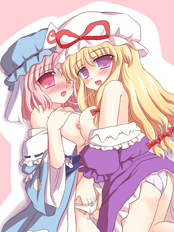 2girls after_kiss bare_shoulders blonde_hair blush breast_press breasts female fingering hand_in_another's_panties hand_in_panties hat japanese_clothes kimono large_breasts long_hair multiple_girls nipples panties pink_eyes pink_hair purple_eyes pussy_juice ry saliva saliva_trail short_hair symmetrical_docking touhou underwear white_panties yukari_yakumo yuri yuyuko_saigyouji