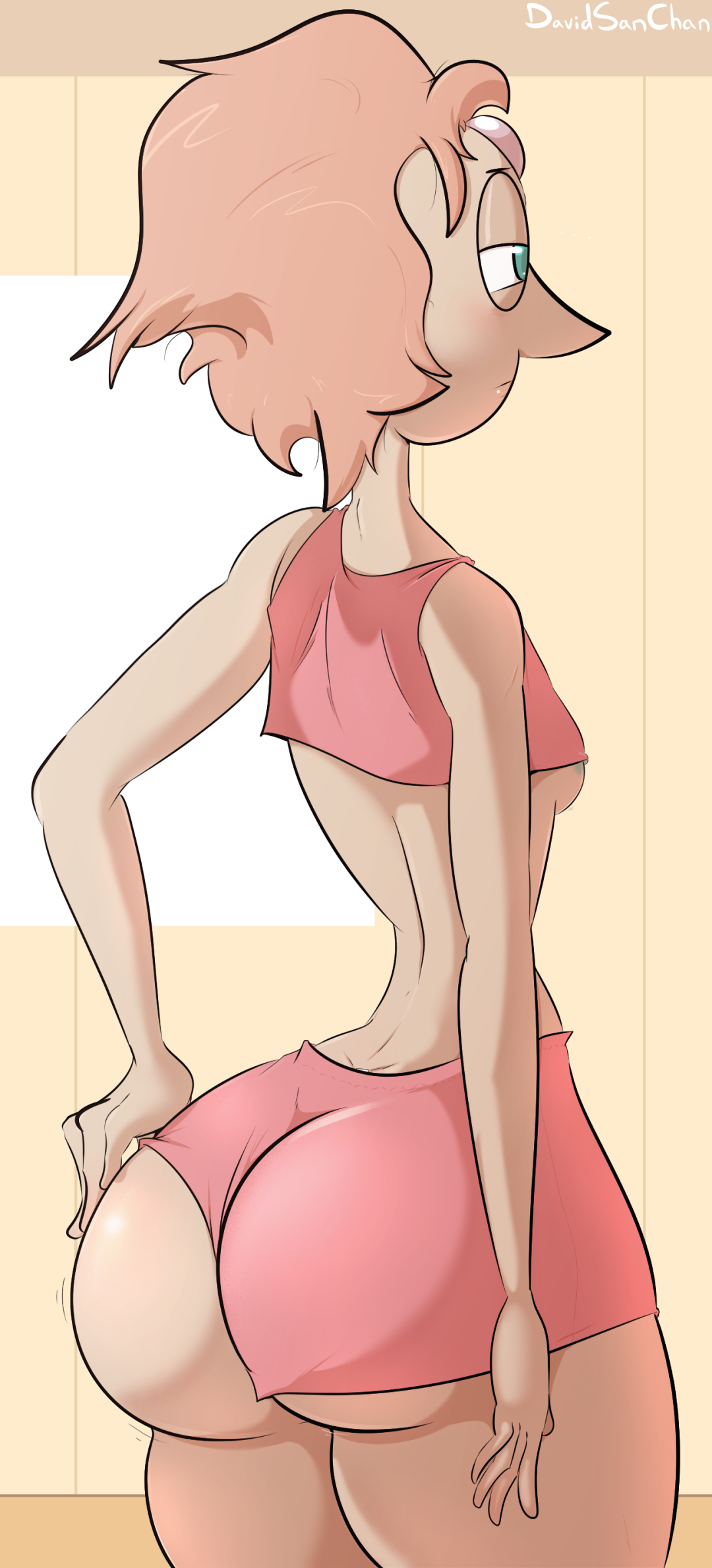 1girls, adjusting clothes, areolae, ass, big ass, bottom heavy, breasts, bubble ass, bubble butt, crop top, davidsanchan, fat ass, female, female only, gem (species), huge ass, large ass, nipple slip, pearl (steven universe), pink shorts, sleepy, small breasts, solo, steven universe, thick ass, thick thighs, underwear, wide hips