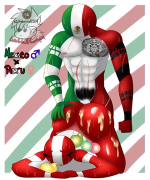 1female 1male 1male1female countryhumans countryhumans_girl green_skin luisartz_(artist) mexico_(countryhumans) peru_(countryhumans) red_skin tattoo_on_chest white_skin