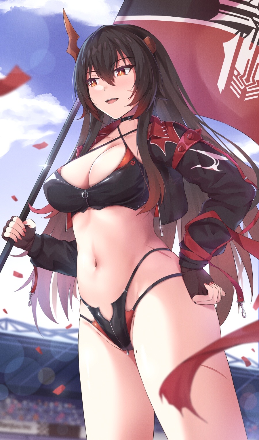 1girls azur_lane belly_button big_breasts black_hair blush breasts broken_horn confident cosplay fingerless_gloves flag gloves horns iron_blood_(azur_lane) light-skinned_female light_skin magdeburg_(azur_lane) orange_eyes outdoors public race_queen red_nails ulrich_von_hutten_(ignition_matrician)_(azur_lane)_(cosplay) zuikillme