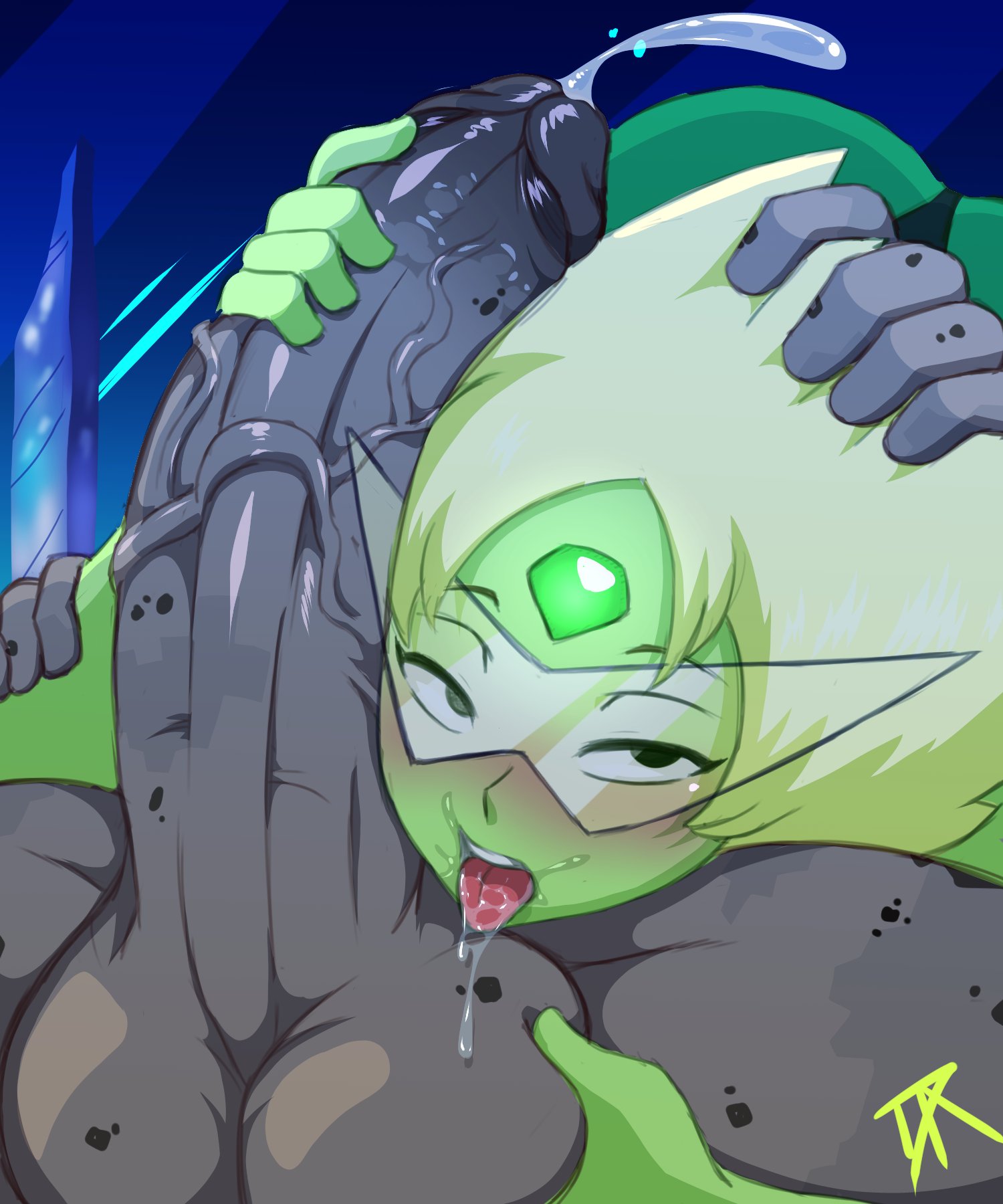 1boy, 1girls, 69, 69 position, ass, balls, big ass, big butt, big penis, blush, blushing, bodysuit, cartoon network, cum, cum drip, cumshot, dalley le alpha, female, gem (species), green body, green skin, large penis, male, open mouth, penis, peridot (steven universe), saliva, saliva drip, saliva on tongue, steven universe, tongue, tongue out, wide hips