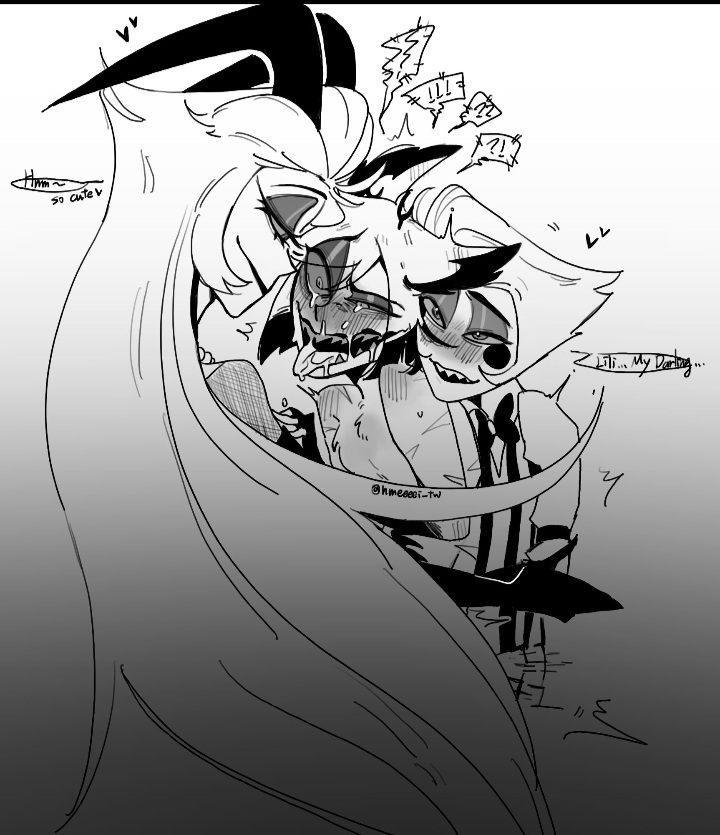 alastor (hazbin hotel), anal sex, blush, dominant female, drooling, female, gay, hazbin hotel, inexperienced, lilith morningstar (hazbin hotel), lucifer morningstar (hazbin hotel), male, mind break, penis, rubbing penis, sandwich position, submissive male, threesome