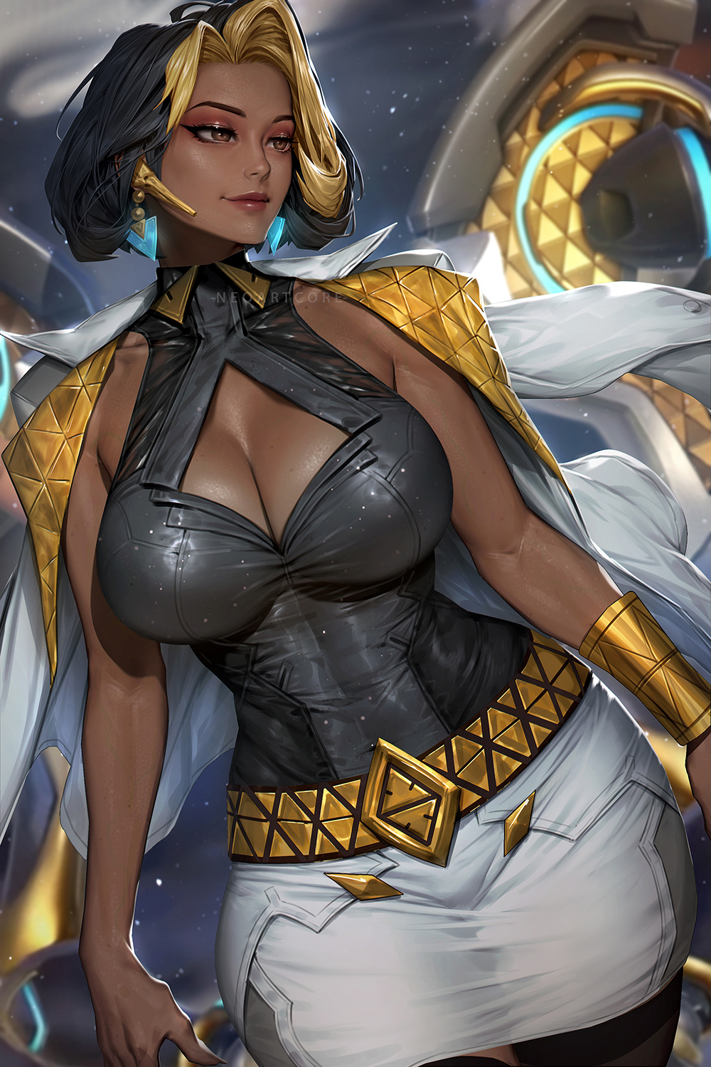 1girls, 2026, ai generated, artist name, big breasts, blonde streak, bobcut, boobjob, brown eyes, cleavage, clothed, clothed female, coat, coat on shoulders, dark skin, dark-skinned female, domina, female, female only, hourglass figure, huge breasts, human, human only, indian, indian female, large breasts, looking away, looking to the side, makeup, miniskirt, multicolored hair, neoartcore, overwatch, realistic breast size, sfw, sleeveless, smile, smiling at viewer, solo, solo female, vaira singhania, voluptuous female