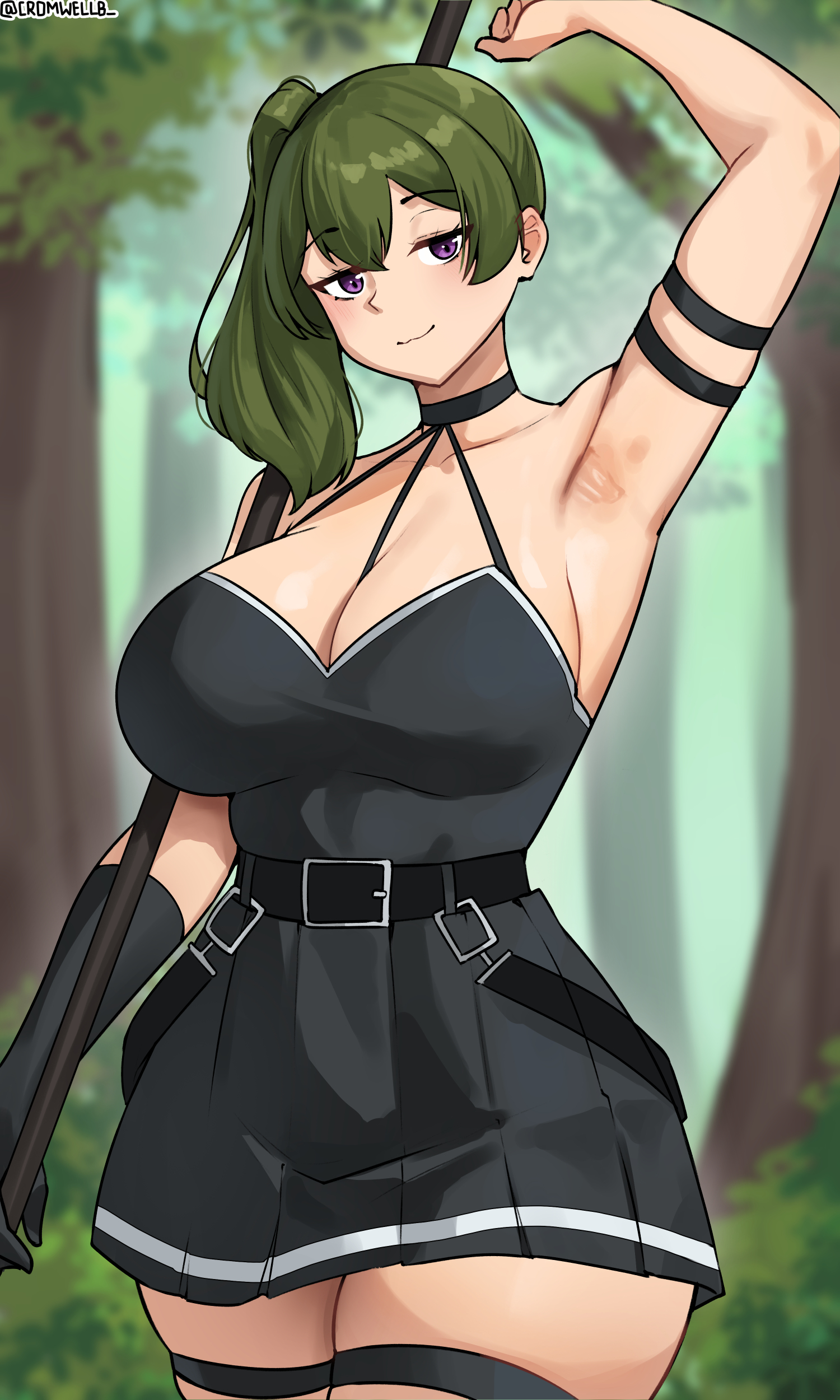 1girls, abs, arm strap, arm up, armpit, armpit crease, armpit fetish, armpits, big breasts, breasts, busty, clevage, clothed, cromwellb, female, female only, fit, fit female, green hair, huge breasts, large breasts, light skin, light-skinned female, mostly clothed, polearm, purple eyes, sousou no frieren, thick, thick thighs, thigh strap, thighs, toned, toned female, ubel (sousou no frieren), weapon