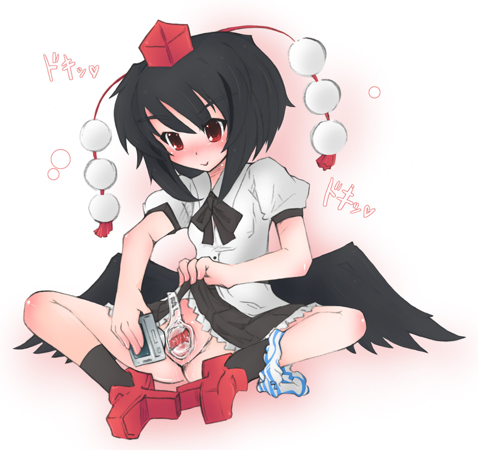 akihara_nakuru black_hair black_wings blush camera cervix clothing exploration geta hat panties panties_around_leg panties_around_one_leg pussy red_eyes self_shot shameimaru_aya short_hair skirt solo speculum tengu-geta tokin_hat touhou uncensored underwear wings