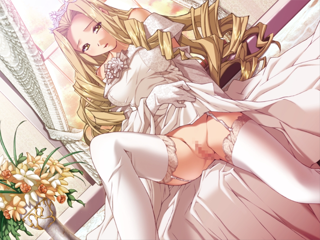 blonde_hair bride censored crown dress drill_hair flower game_cg garters highres honnou_yukari ino izayoi_no_hanayome legwear long_hair no_panties shirt_lift stockings thighhighs wedding_dress white_dress