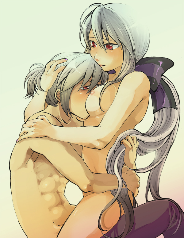 abs between_breasts breast_smother breasts chinki couple cowgirl_position female hair_ribbon honne_dell hug incest long_hair love muscle nude ponytail red_eyes ribbon sex short_hair silver_hair tied_hair upright_straddle very_long_hair vocaloid voyakiloid white_hair yowane_haku