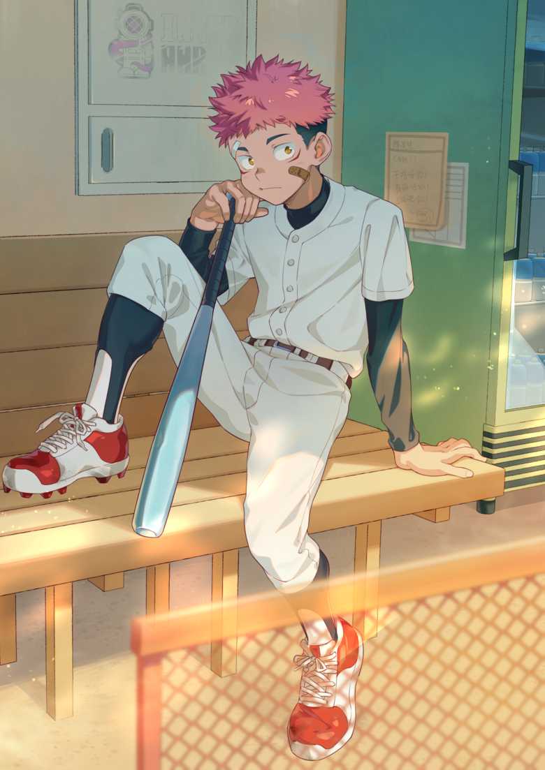 1boy ahrstudio baseball_uniform bench human itadori_yuuji jujutsu_kaisen male male_only masculine solo