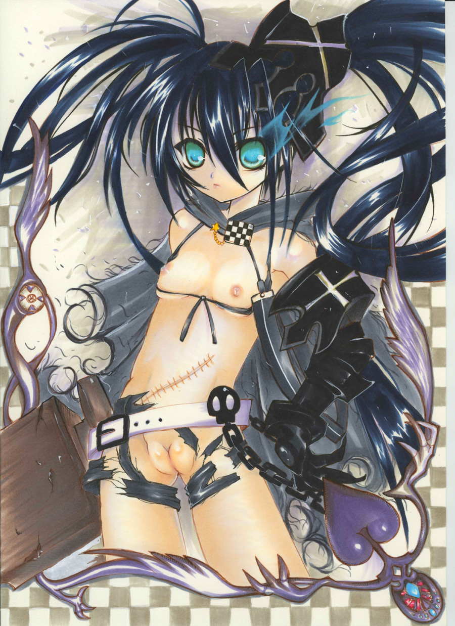 belt black_rock_shooter black_rock_shooter_(character) breasts chains checkered fat_mons green_eyes heart highres insane_black_rock_shooter long_hair mezashi_gohan nipples pointy_chin pussy scar small_breasts tied_hair torn_clothes twintails uncensored