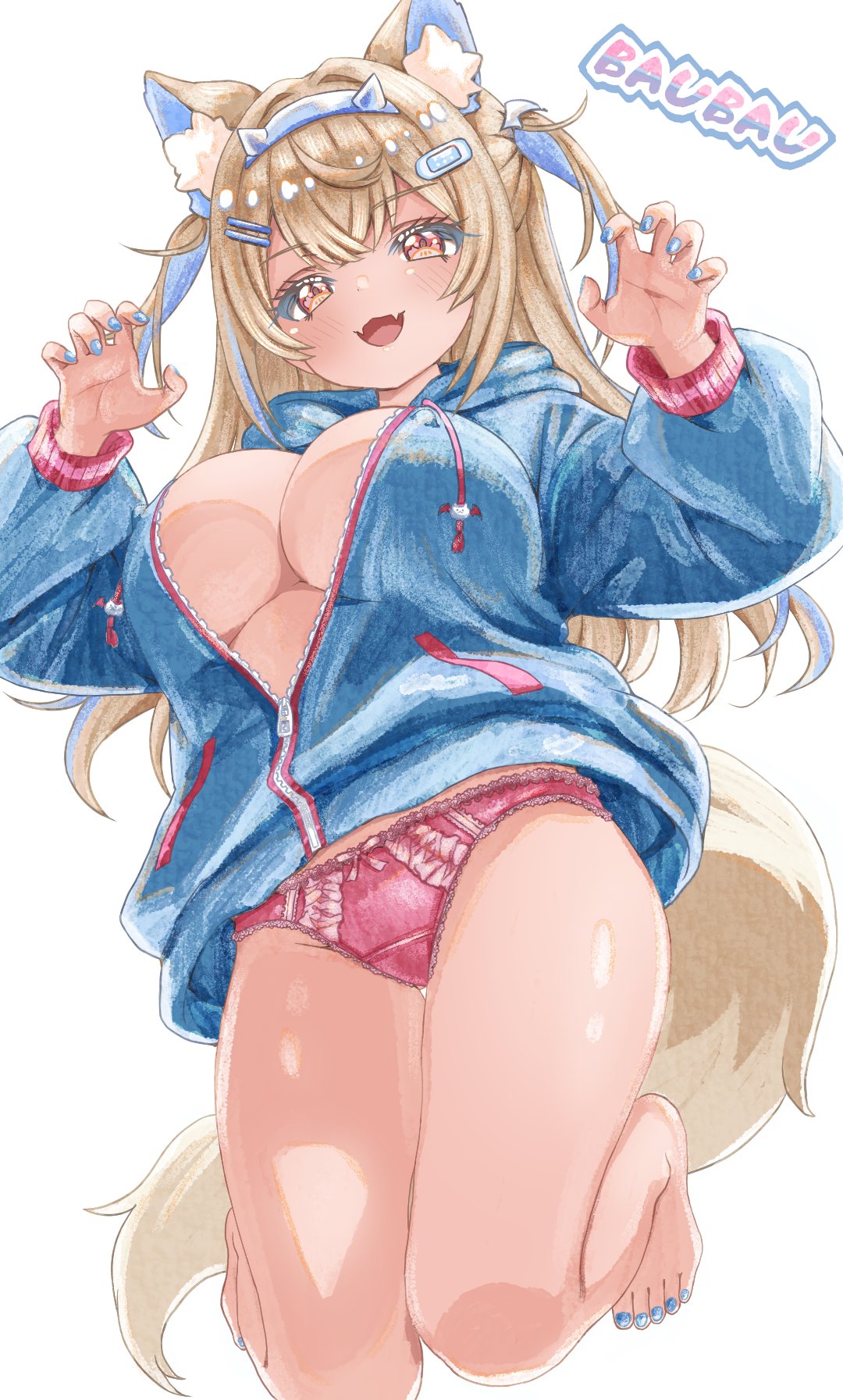 1girl, alternate costume, animal ear fluff, animal ears, bandaid, bandaid hair ornament, blonde hair, blue hairband, blue jacket, blue nails, blue streaks, bow, bow panties, breasts, claw pose, dog ears, dog girl, dog tail, fake horns, fangs, fuwawa abyssgard, hair ornament, hairband, highres, hololive, hololive english, horn hairband, horns, jacket, large breasts, long hair, looking at viewer, multicolored hair, nail polish, open mouth, panties, pink panties, simple background, solo, streaked hair, tail, toenail polish, toenails, two side up, underwear, virtual youtuber, white background, yuyuiaz2