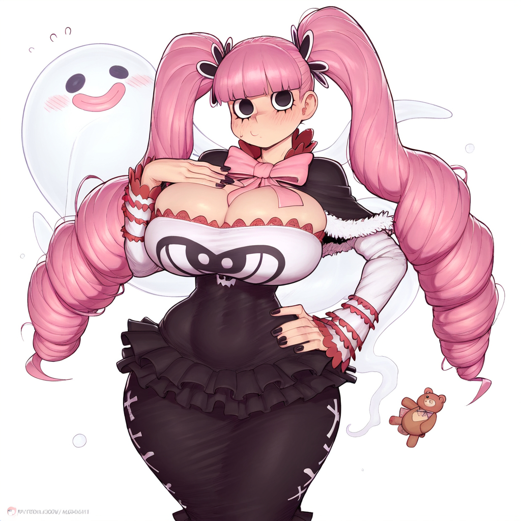 1girls, ai generated, big breasts, black eyes, blush, breasts, breasts bigger than head, ccgai, clothed, clothing, color, female, female focus, female only, hi res, large breasts, light skin, light-skinned female, long hair, looking at viewer, massive breasts, one piece, perona, pink hair, shounen jump, solo, solo female, tagme, thick thighs