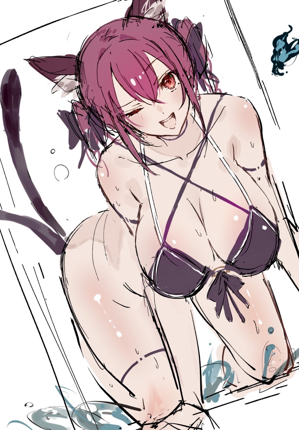 2_tails ;d all_fours animal_ears bikini black_bikini breasts cat_ears cat_tail cleavage commentary female full_body highres kaenbyou_rin large_breasts looking_at_viewer multi_tail nekomata one_eye_closed open_mouth po_(anhk5528) red_eyes red_hair rin_kaenbyou short_hair sidelocks simple_background sketch smile solo swimsuit tail tails teeth touhou upper_teeth_only wet white_background