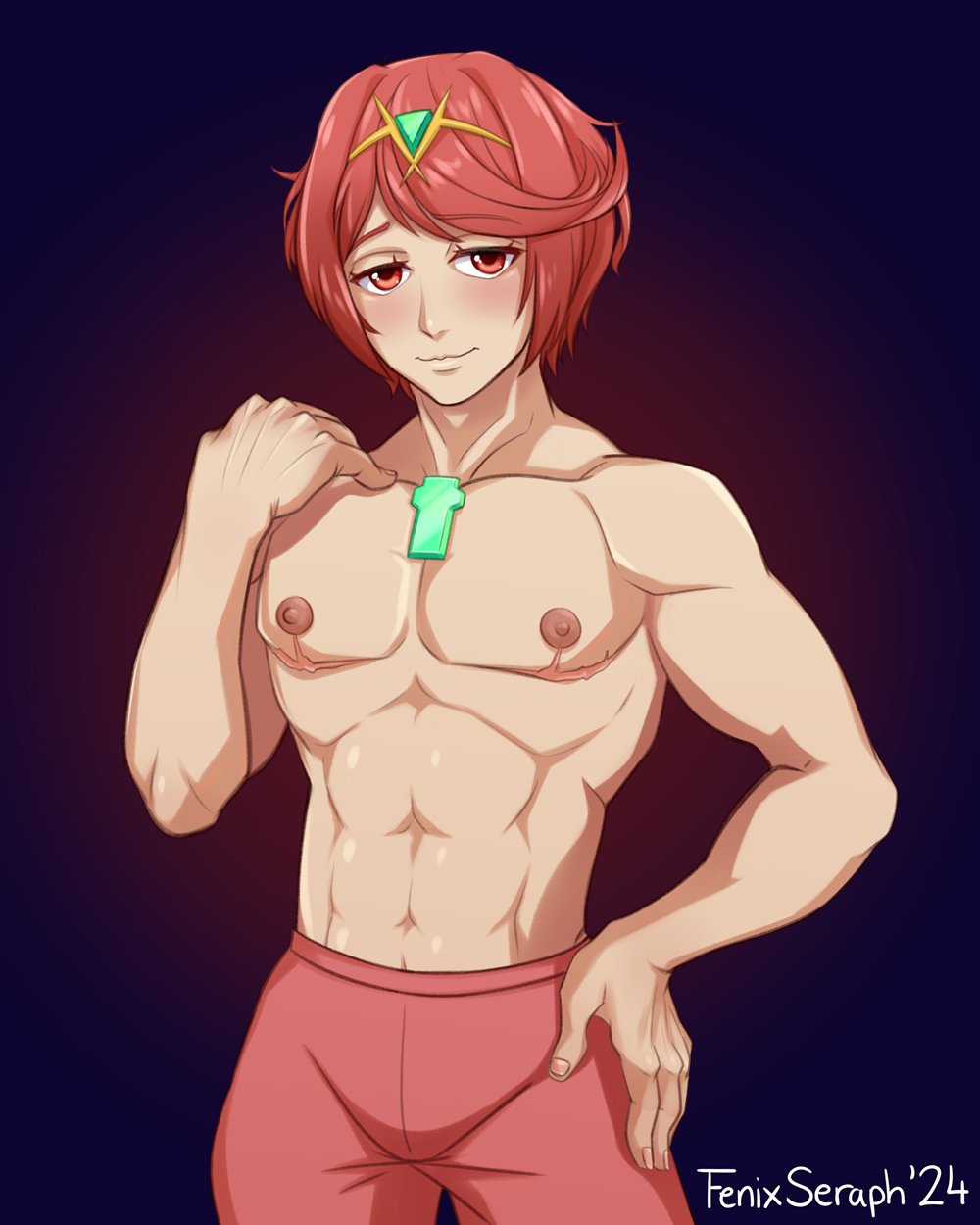 alternate_hairstyle chest_jewel core_crystal core_crystal_(xenoblade) cuntboy fenixseraph furrowed_brow furrowed_eyebrows genderswap genderswap_(fti) hair_ornament half-closed_eyes mastectomy_scar muscular muscular_cuntboy pecs pectorals post_operation pyra pyra_(xenoblade) raised_eyebrows seraphic_folly short_hair shorts smile tiara topless xenoblade_(series) xenoblade_chronicles_2