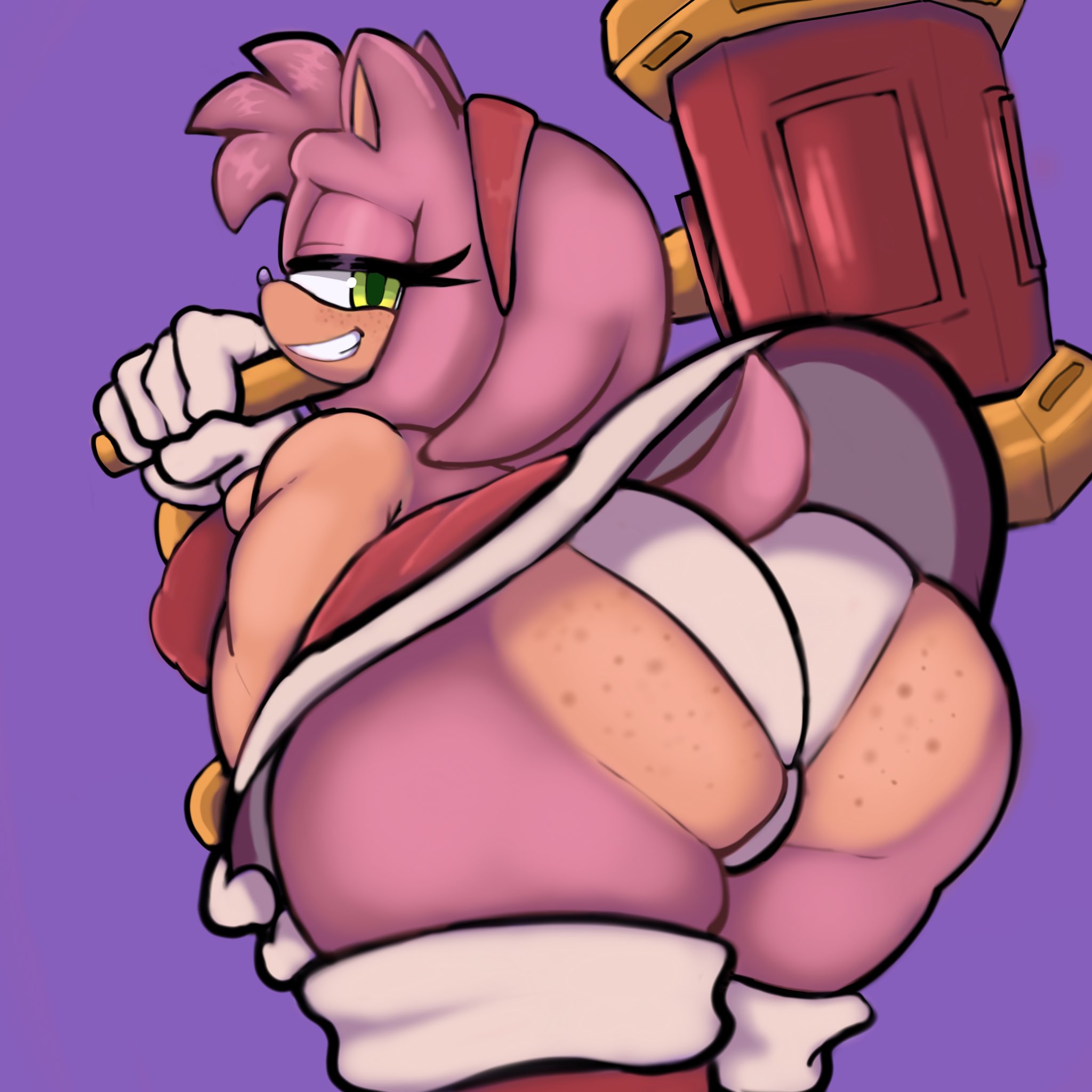 1girls, 2024, amy rose, ass, backboob, big ass, big breasts, big butt, boots, bracelet, breasts, dress, fat ass, fat butt, female, freckles, freckles on ass, freckles on butt, furry, gloves, green eyes, grin, hairband, hammer, hedgehog girl, hedgehog humanoid, huge ass, huge butt, large ass, large butt, looking at viewer, looking back, looking back at viewer, mammal, mobian (species), neisucksatart, panties, pink body, pink fur, plump ass, plump butt, presenting ass, presenting butt, presenting hindquarters, seductive look, seductive smile, sega, skirt up, smile, smiling at viewer, sonic (series), sonic the hedgehog (series), thick ass, thick legs, weapon